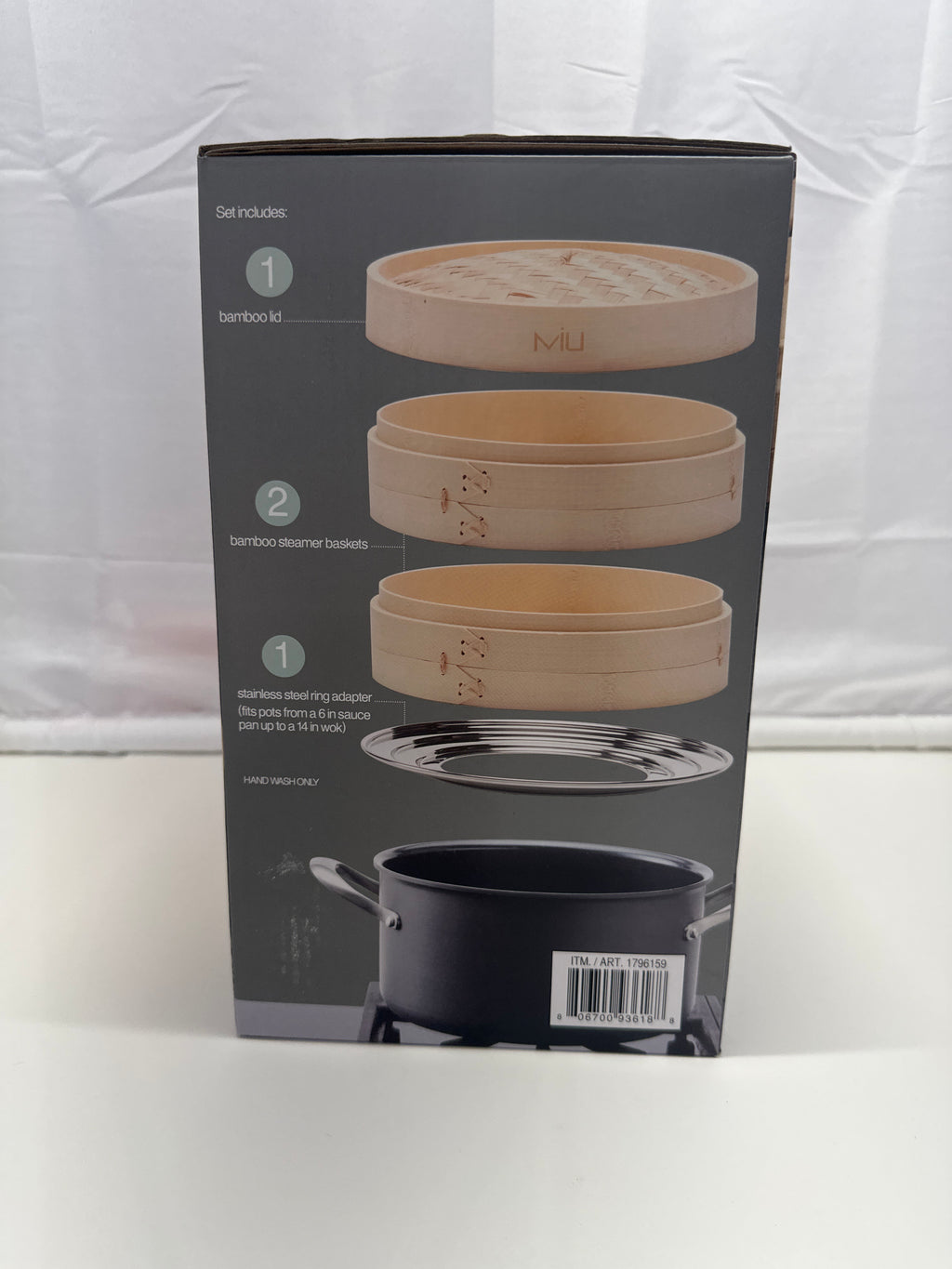 MIU Bamboo Steamer Basket Set with Stainless Steel Ring Adapter