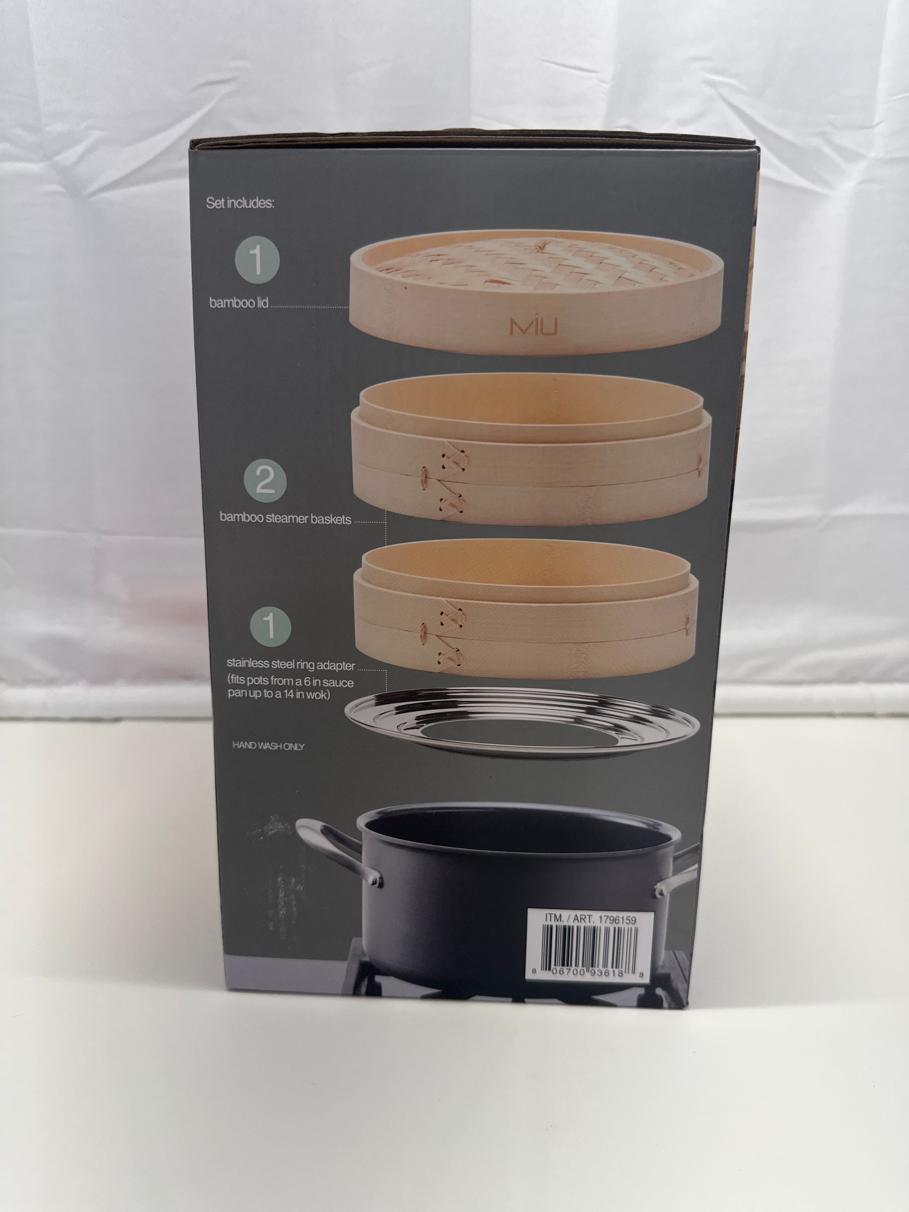 MIU Bamboo Steamer Basket Set with Stainless Steel Ring Adapter