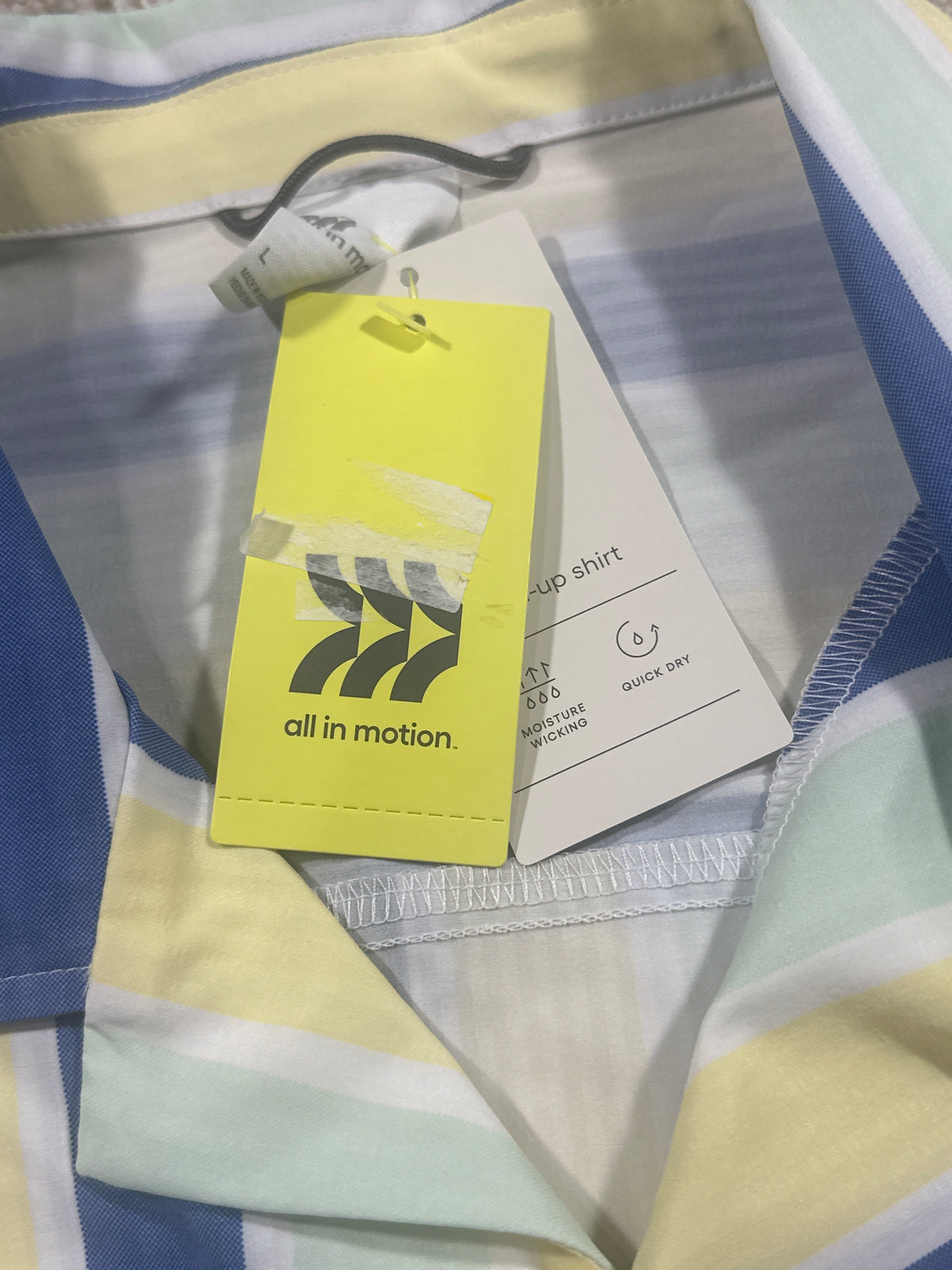 All in Motion Blue Mint Yellow Striped Seersucker Button Up Shirt Size Large