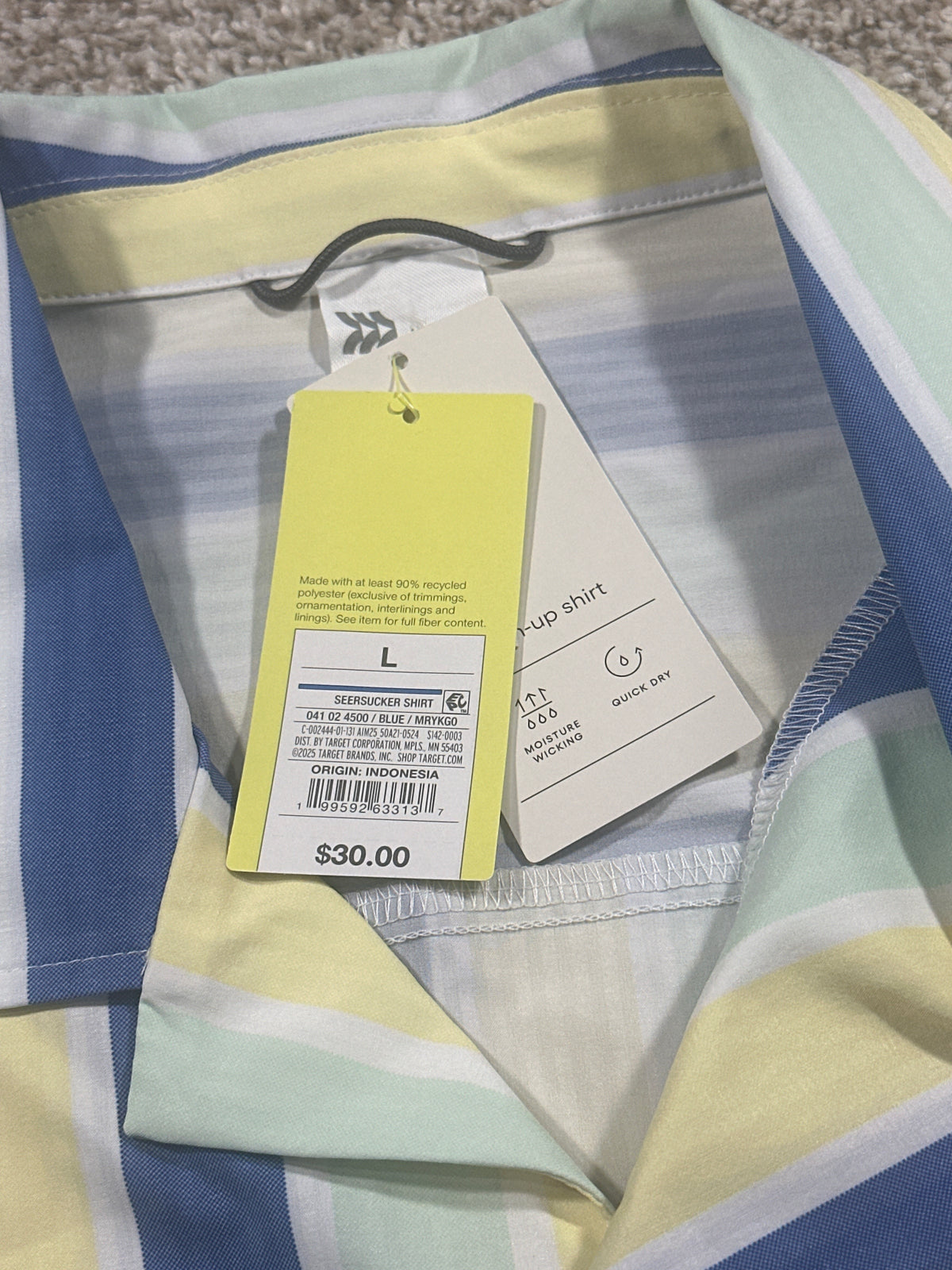 All in Motion Blue Mint Yellow Striped Seersucker Button Up Shirt Size Large