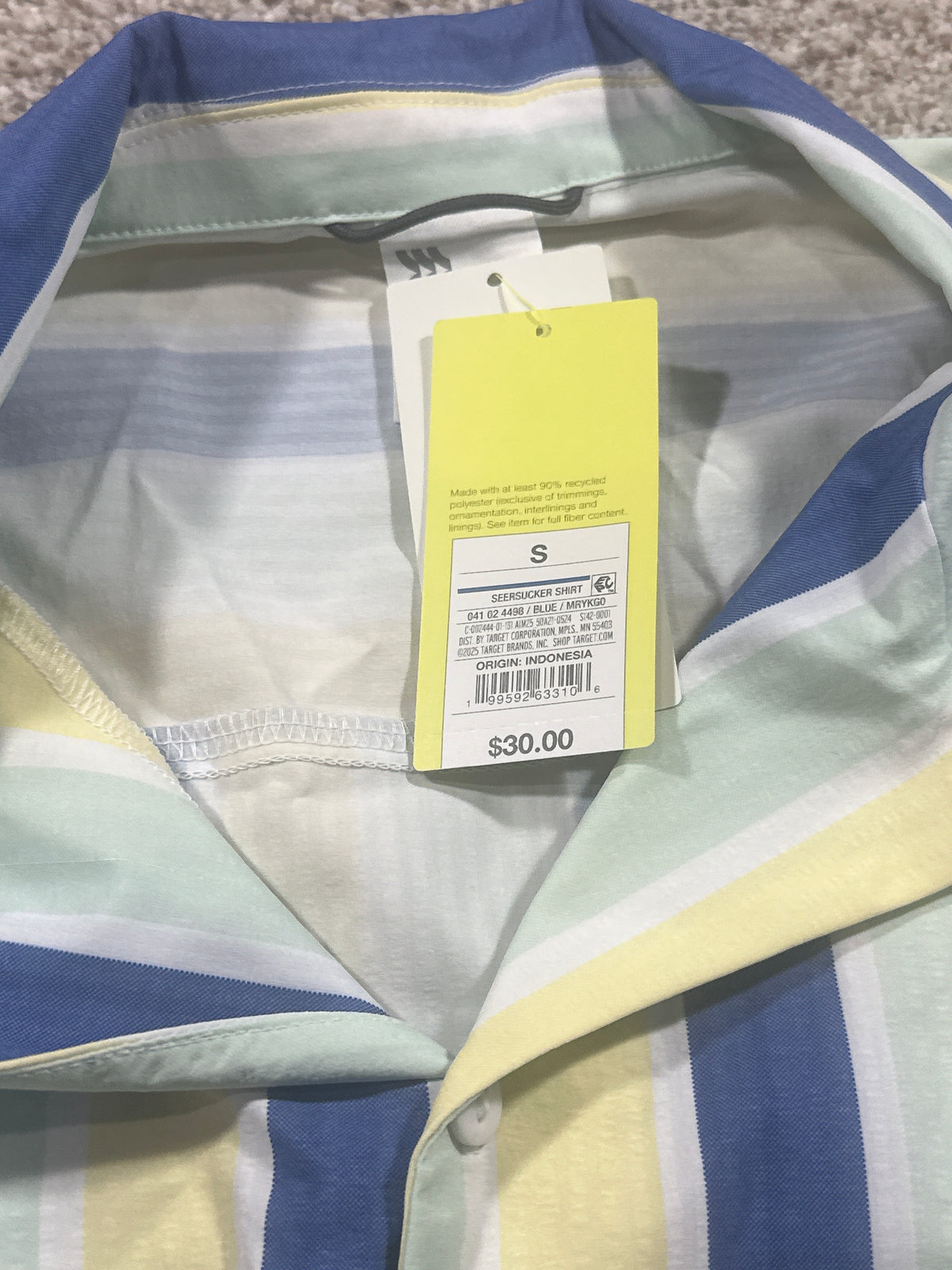 All in Motion Blue Mint Yellow Striped Seersucker Button Up Shirt Size Small