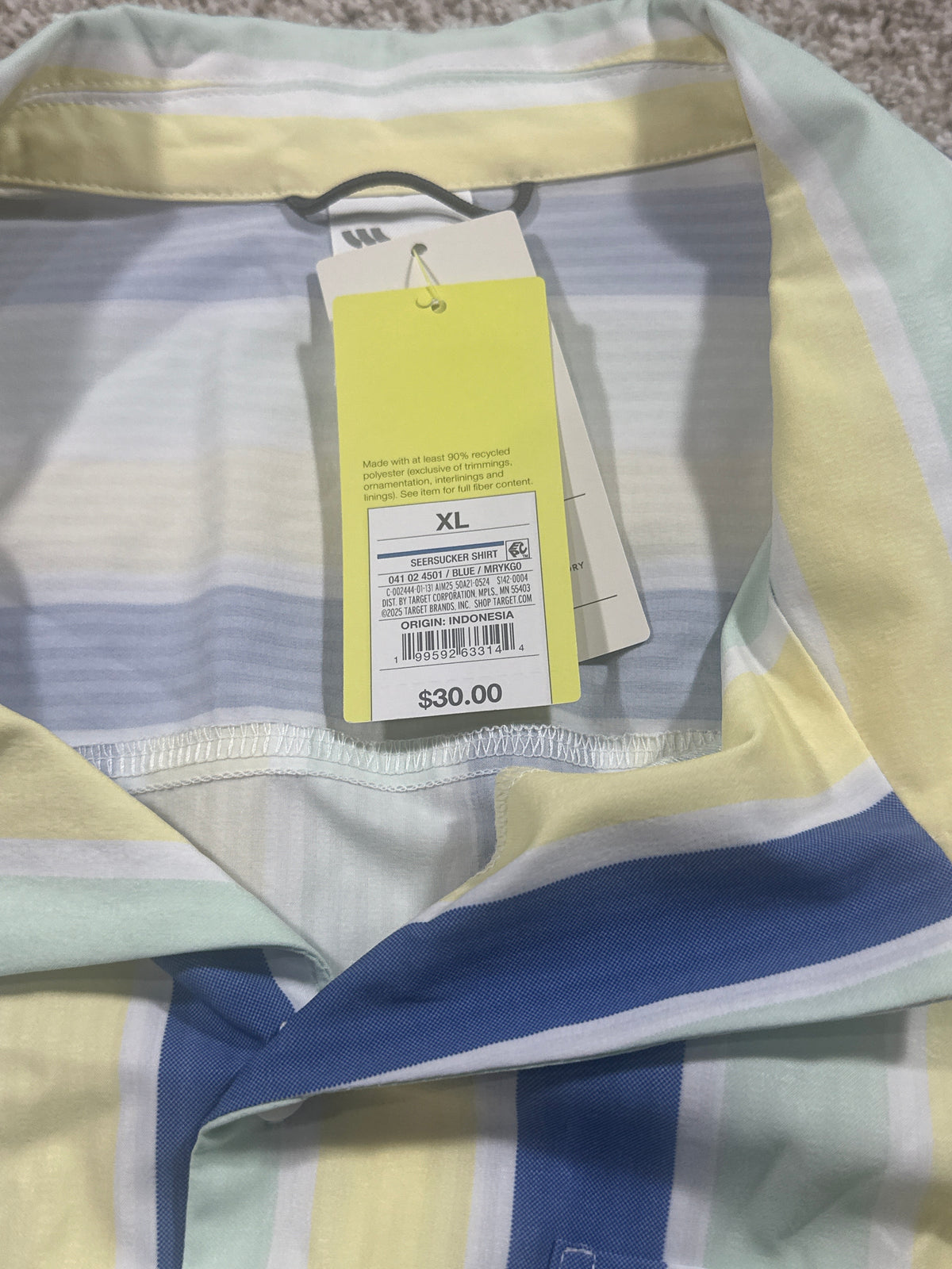 All in Motion Blue Mint Yellow Striped Seersucker Button Up Shirt Size XL