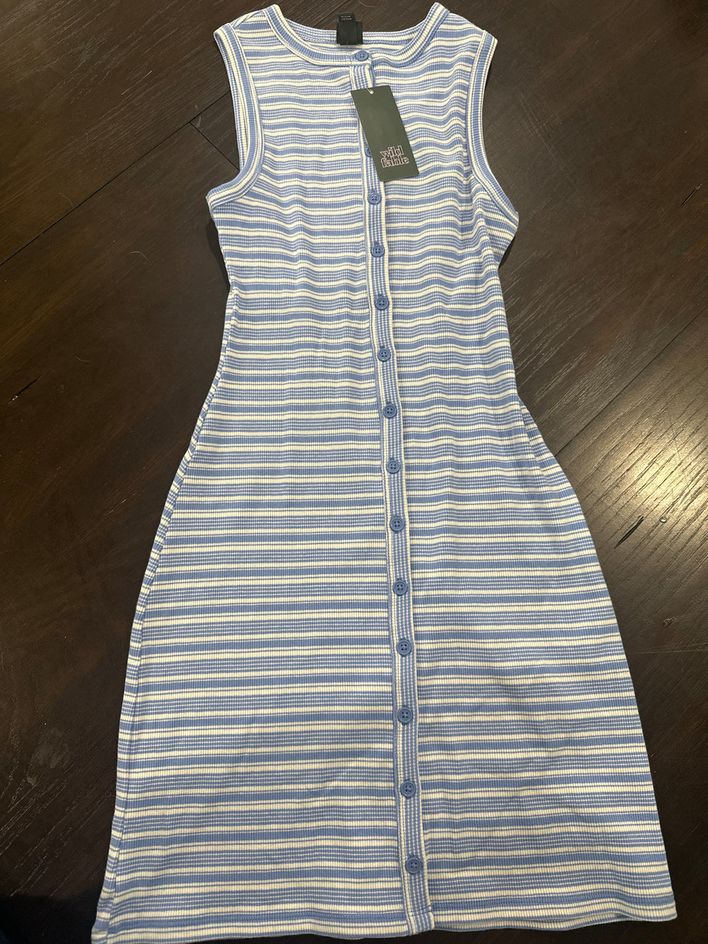Women’s Button-Front Ribbed Mini Skater Dress Blue & White Stripe