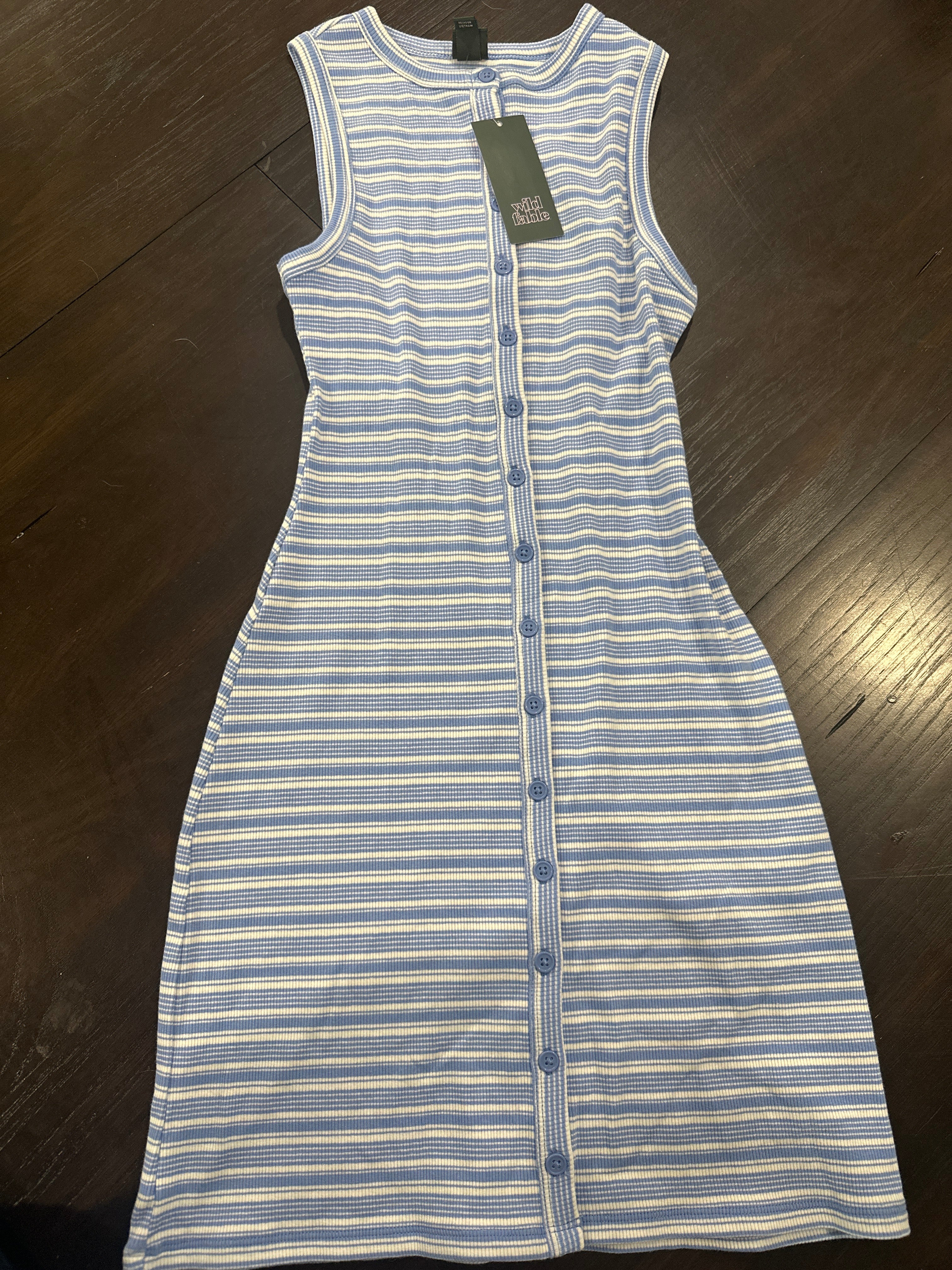 Women’s Button-Front Ribbed Mini Skater Dress Blue & White Stripe