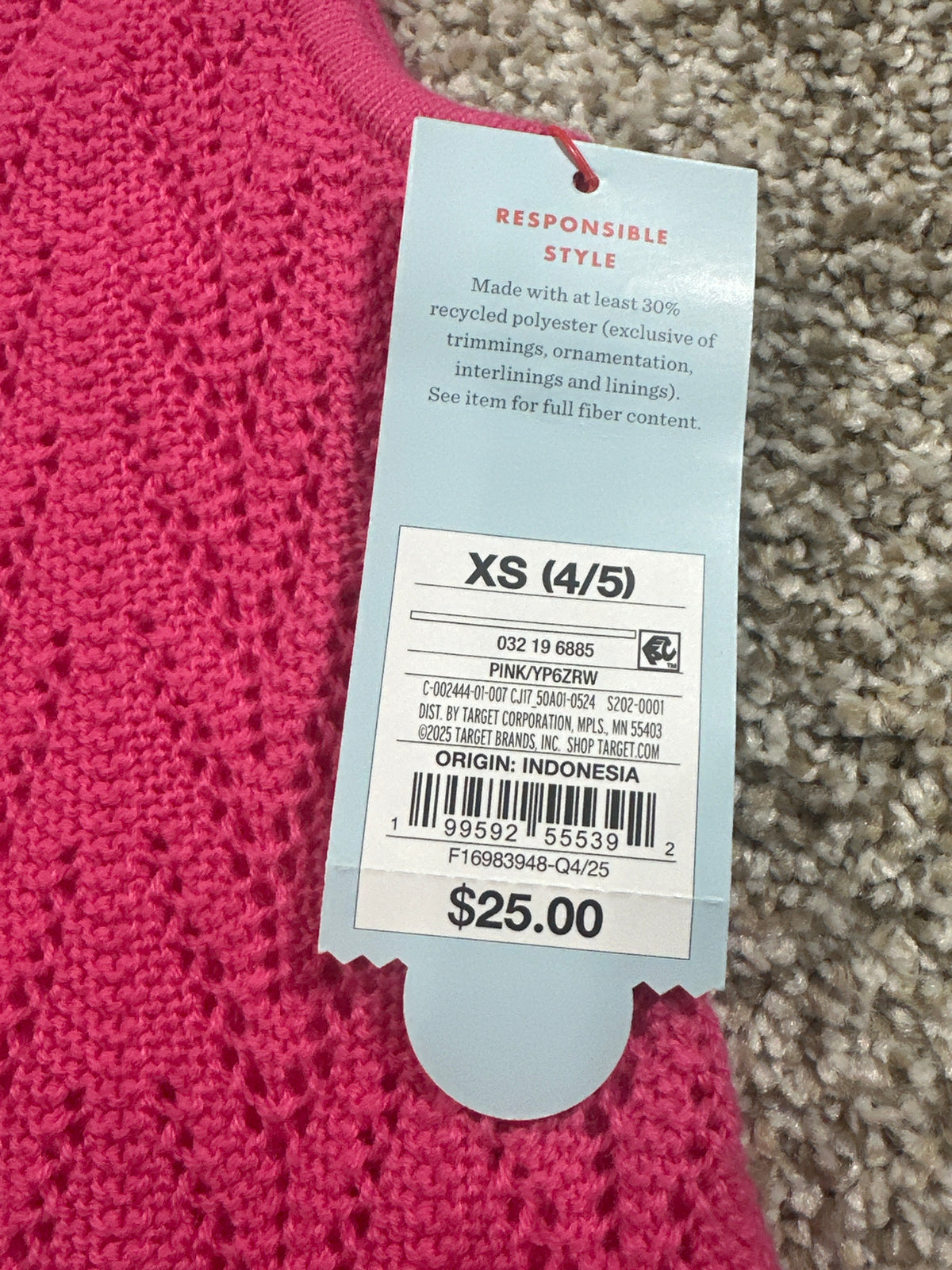 Cat & Jack girls pink pointelle sweater dress, size XS 4/5