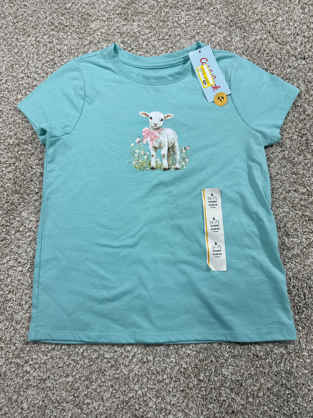 Cat & Jack girls light aqua lamb graphic classic T-shirt size S 6 7