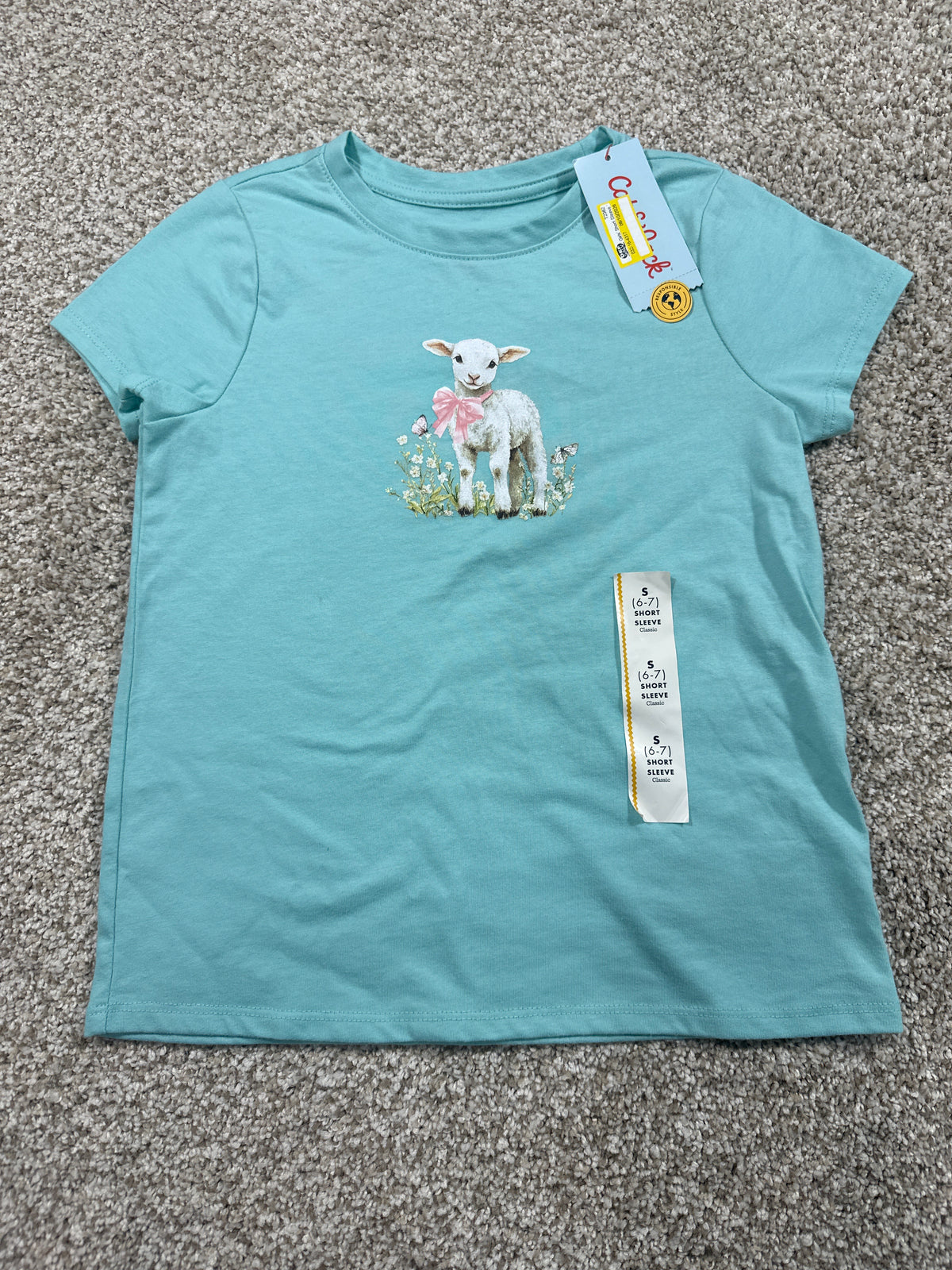 Cat & Jack girls light aqua lamb graphic classic T-shirt size S 6 7