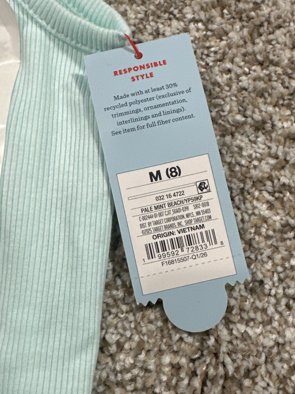 Cat & Jack girls fitted ribbed tank top in pale mint, size M (8)