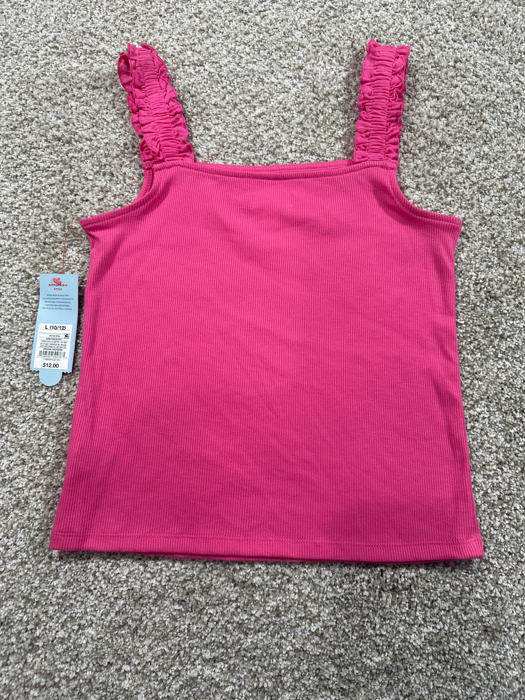 Cat & Jack dark pink ribbed ruffle strap tank top size L 10 12