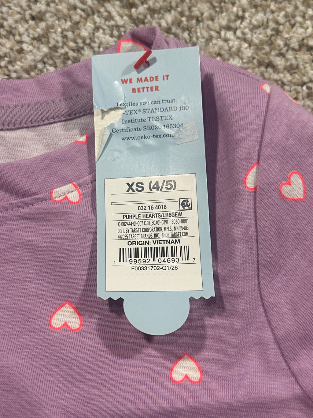 Cat & Jack girls purple hearts short-sleeve T-shirt, size XS (4/5)