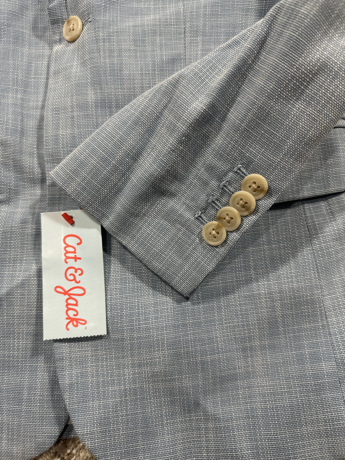 Cat & Jack boys sky blue linen suit jacket cuff and brand tag detail