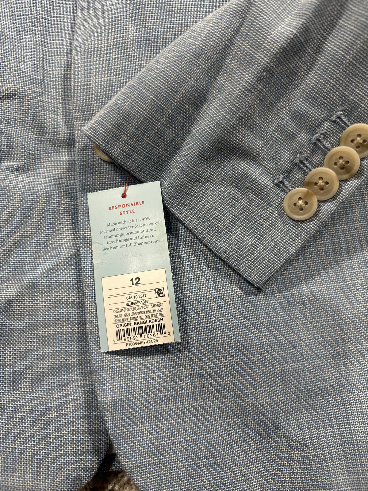 Cat & Jack boys sky blue linen suit jacket size and barcode tag