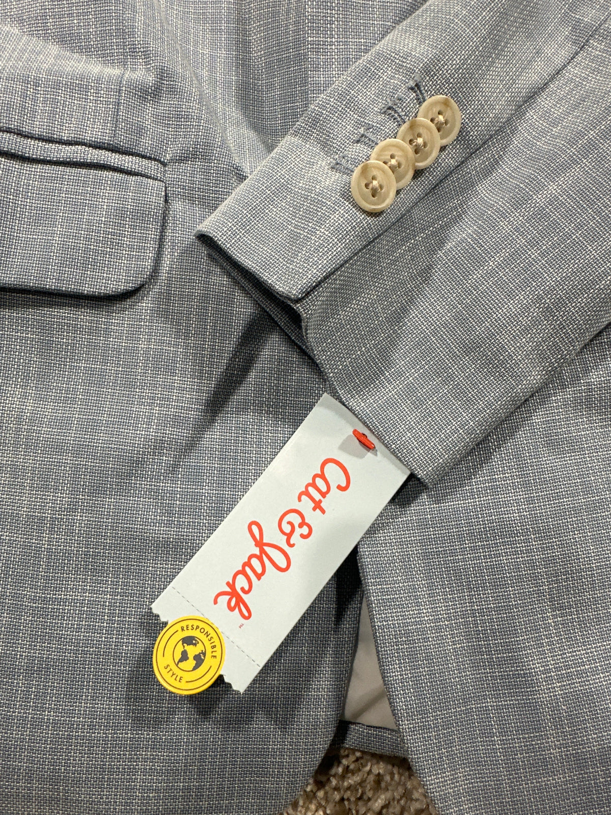 Cat & Jack boys sky blue linen suit jacket cuff and brand tag detail
