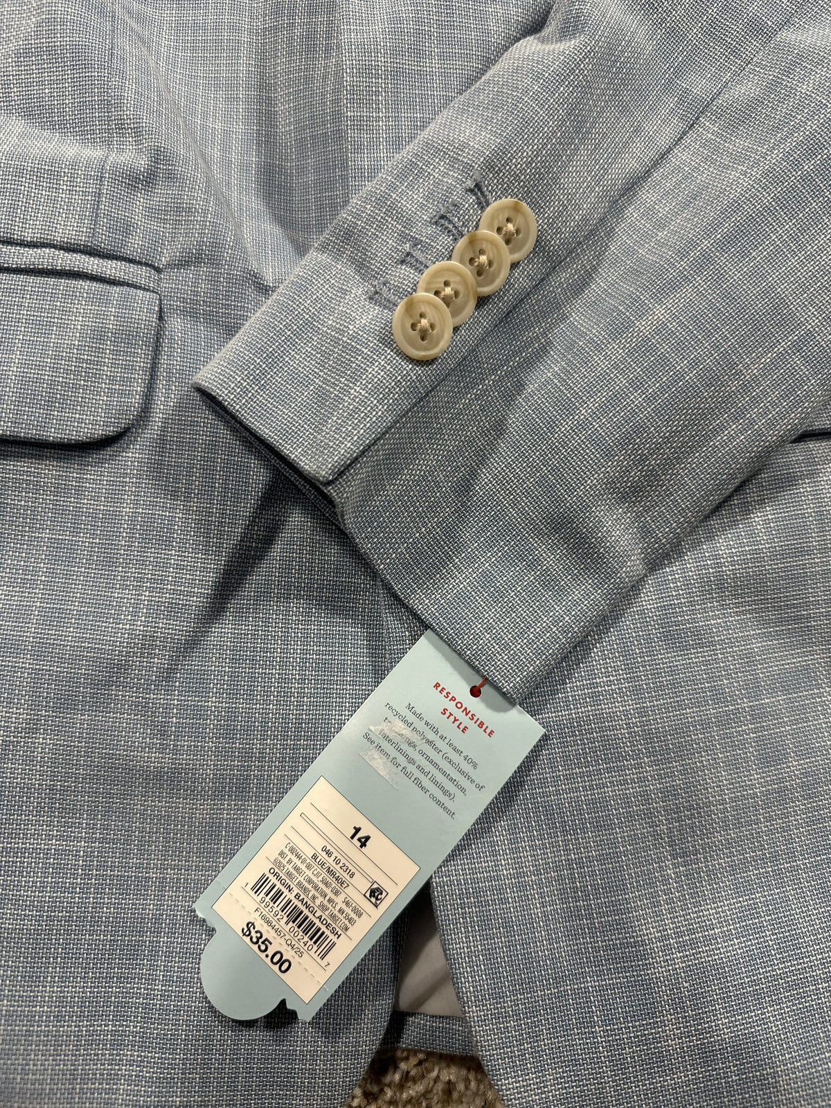Cat & Jack boys sky blue linen suit jacket tag and cuff detail
