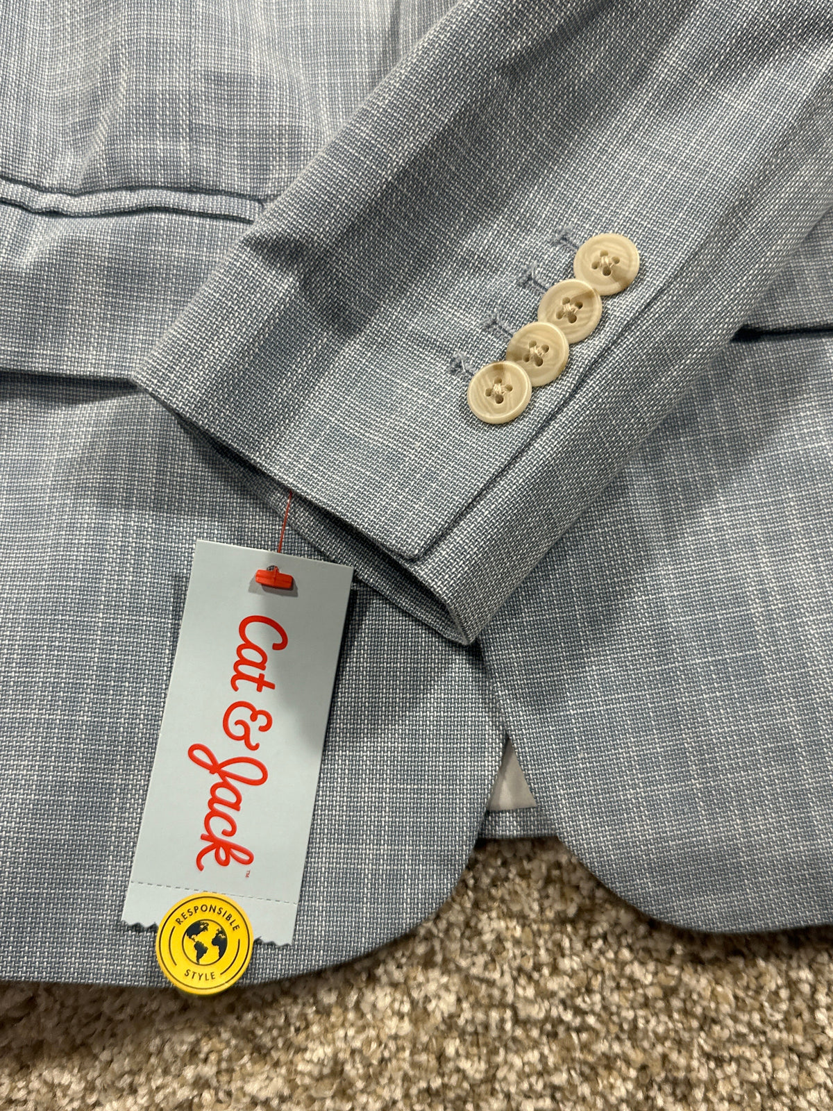 Cat & Jack boys sky blue linen suit jacket cuff and brand tag detail