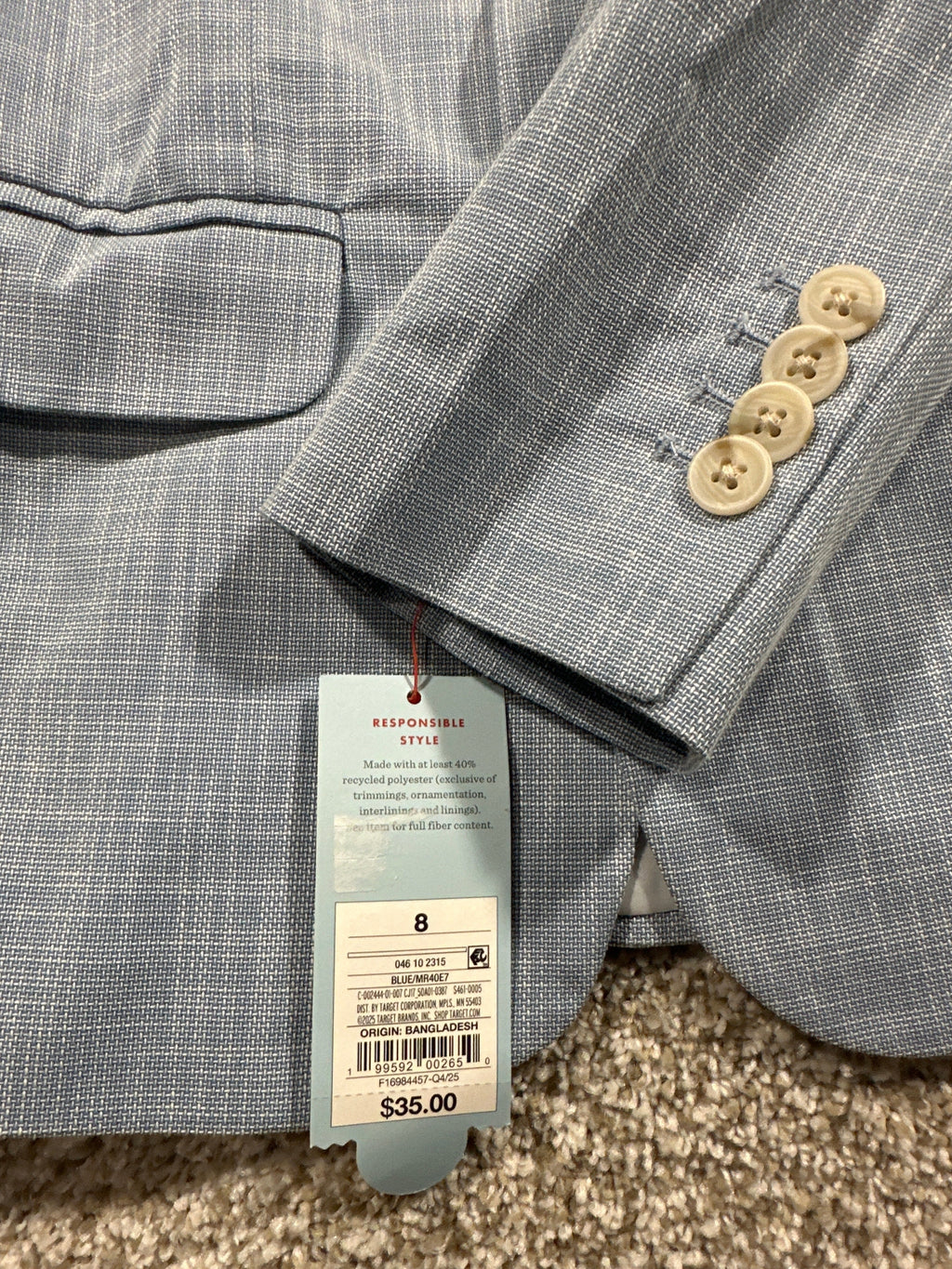 Cat & Jack boys sky blue linen suit jacket size and barcode tag