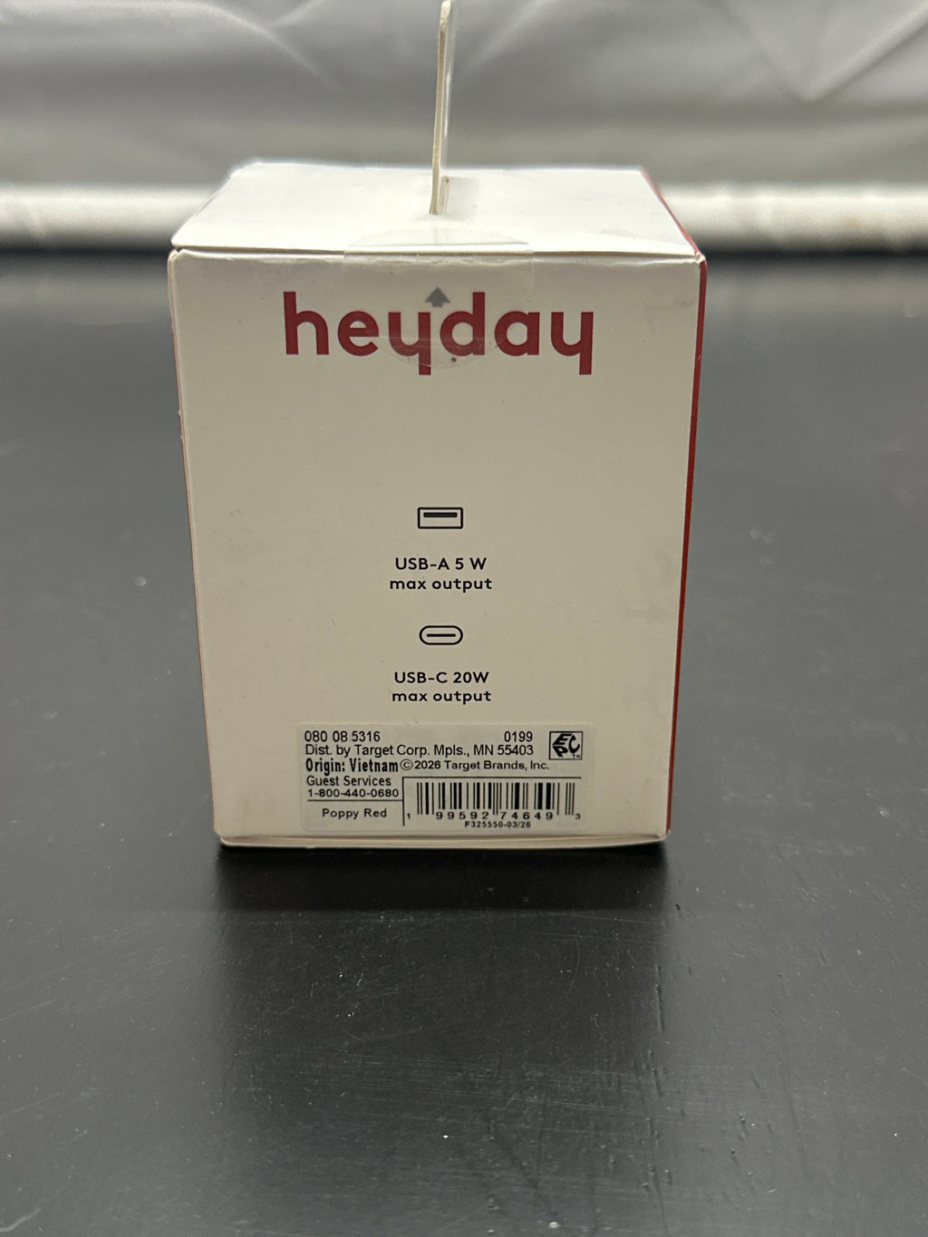 heyday poppy red wall charger USB-C and USB-A port specifications and UPC