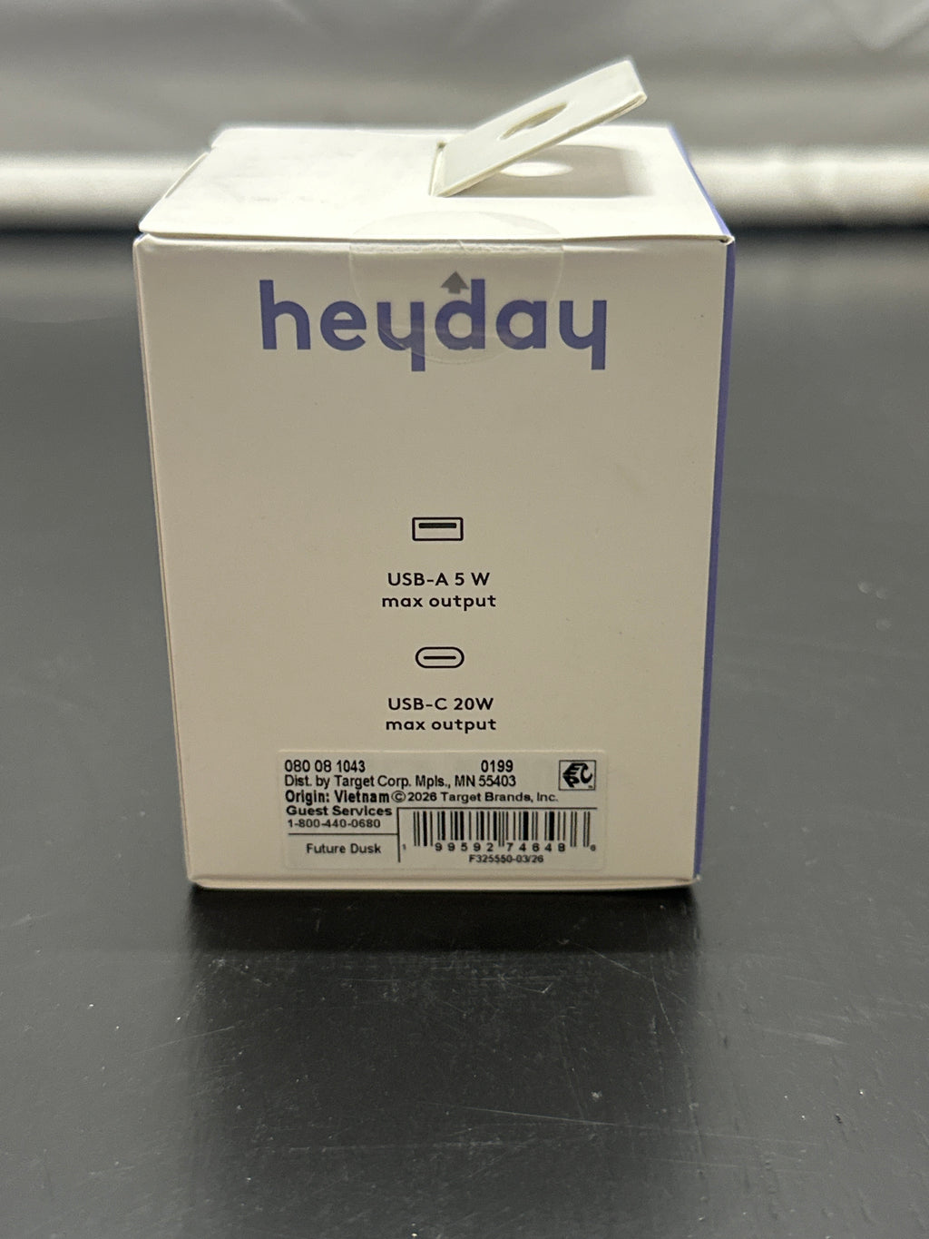 heyday future dusk wall charger USB-C and USB-A port specifications and UPC