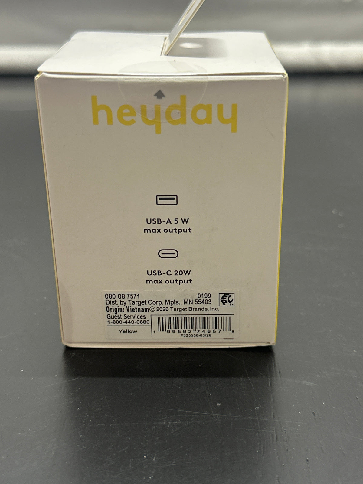 heyday yellow dual-port wall charger specifications and UPC