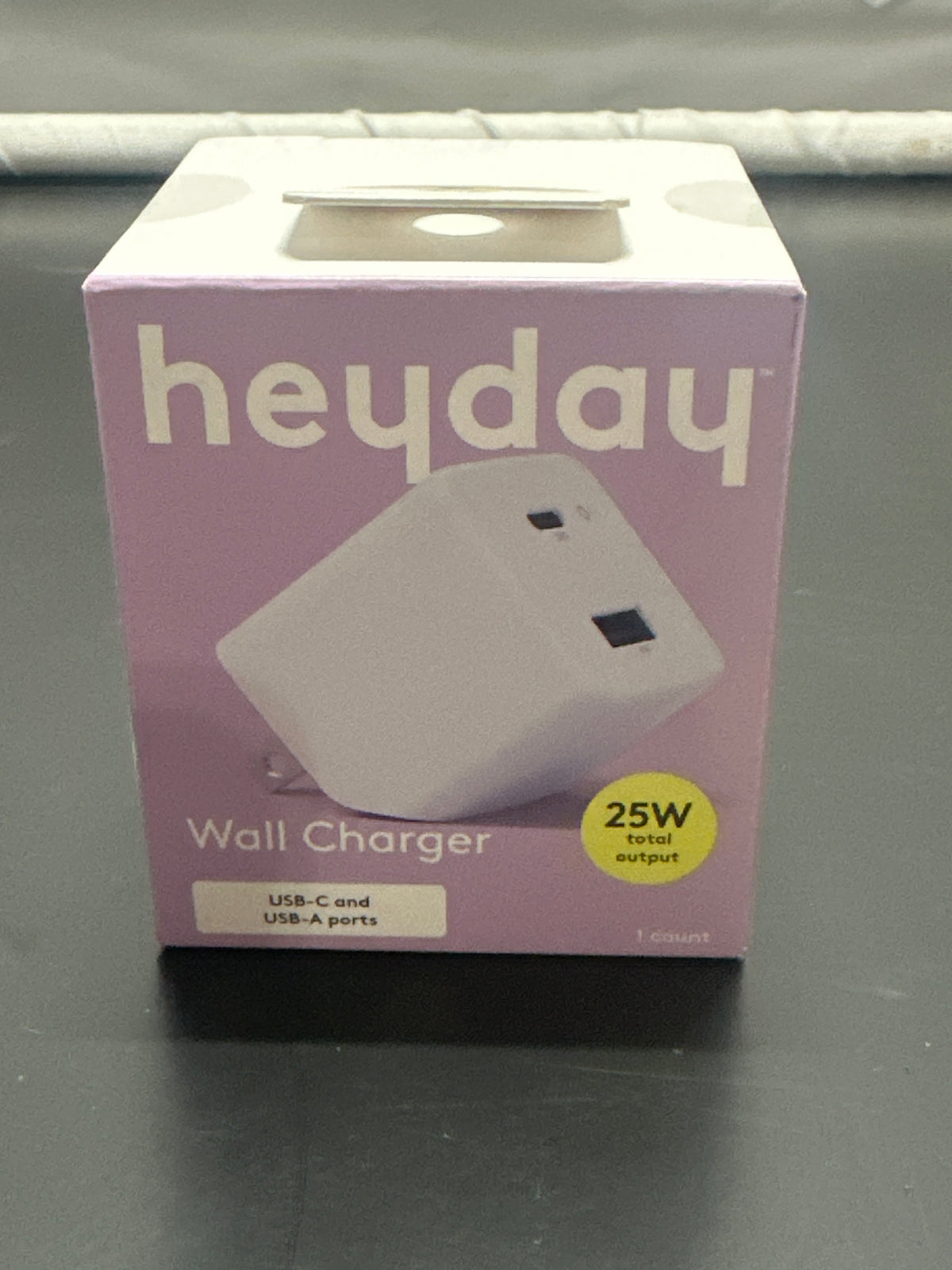 heyday purple dual-port 25W wall charger front packaging