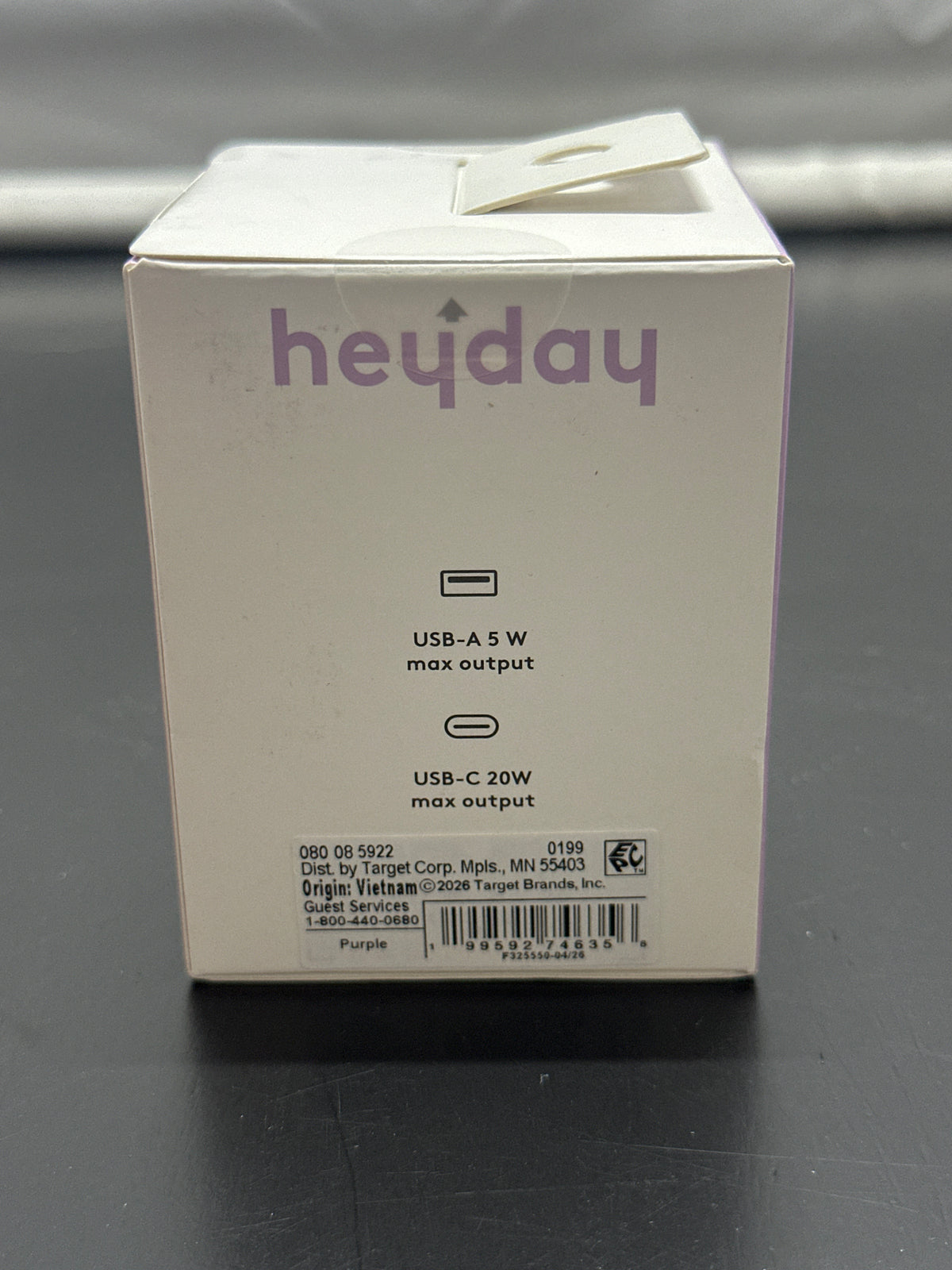 heyday purple dual-port wall charger specifications and UPC