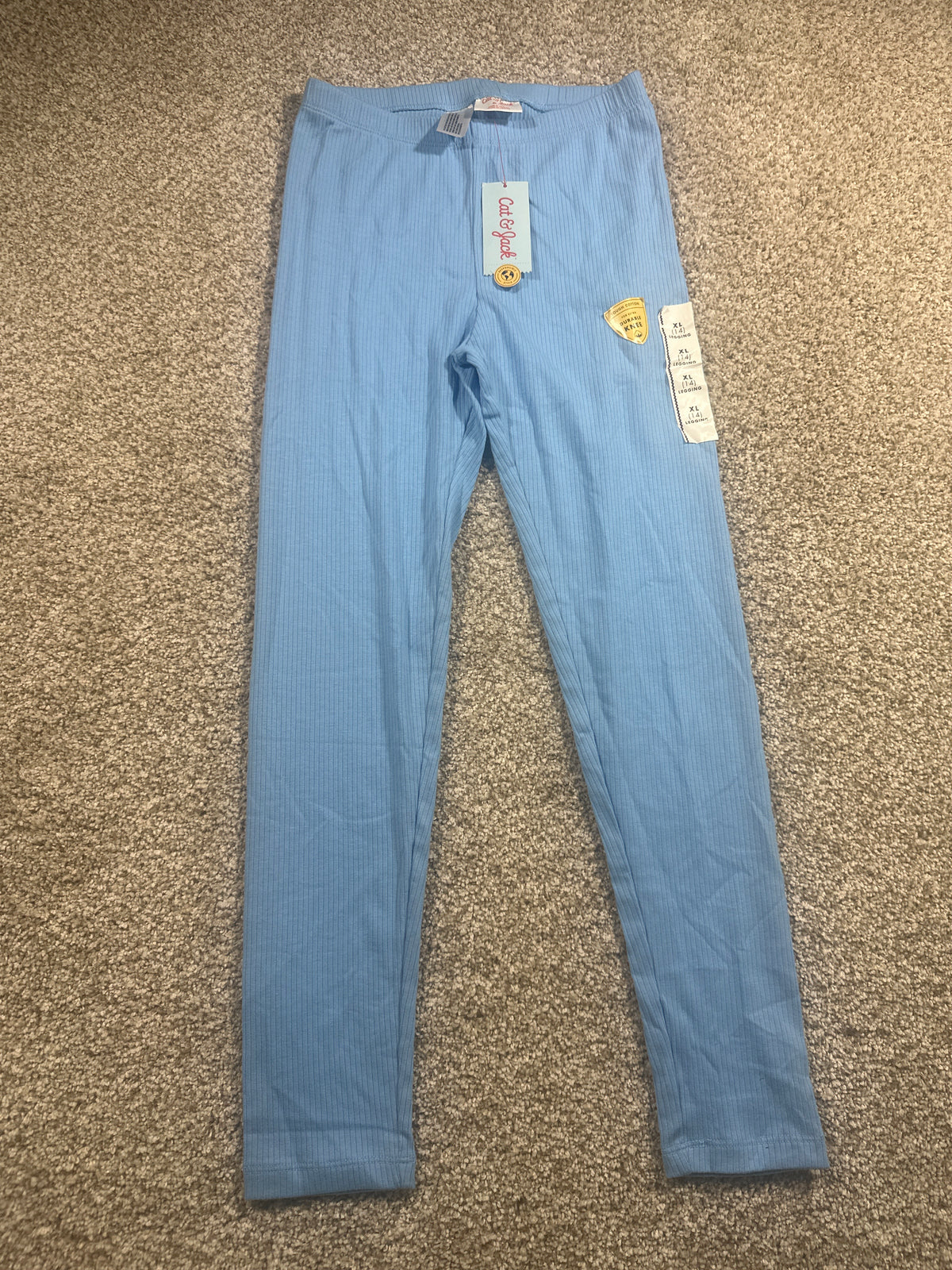 Cat & Jack girls Sky Blue ribbed durable-knee leggings, size XL (14)