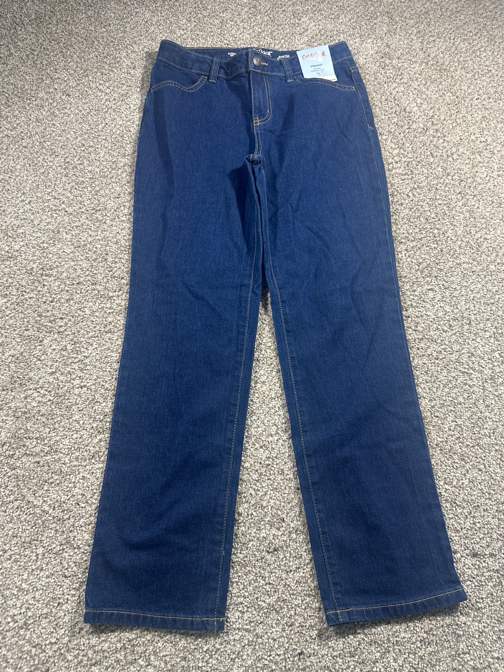 Cat & Jack girls dark wash mid-rise straight jeans with adjustable waist, size 12
