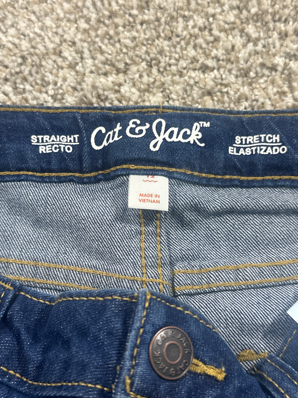 Cat & Jack girls dark wash mid-rise straight jeans with adjustable waist, size 12