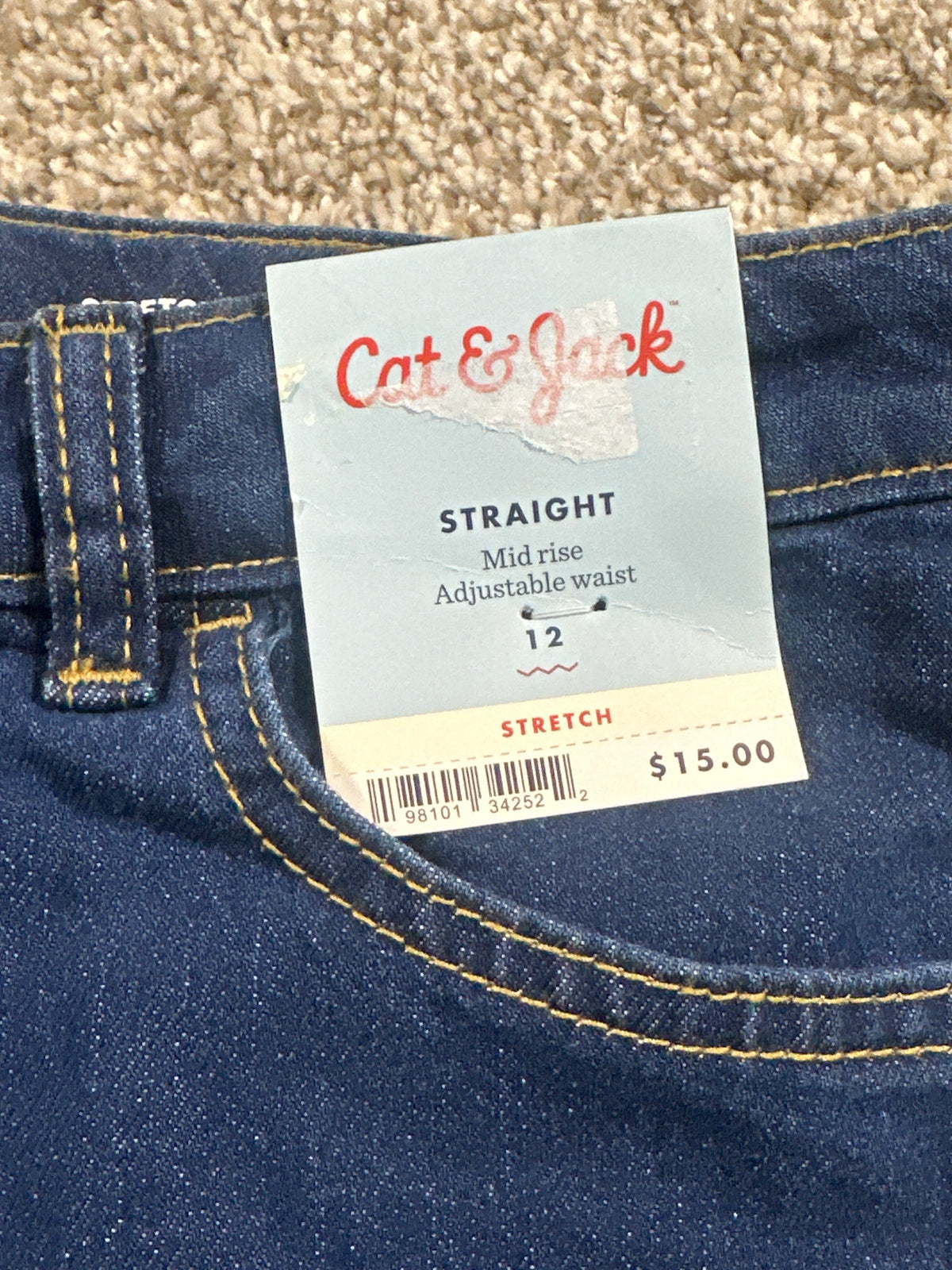 Cat & Jack girls dark wash mid-rise straight jeans with adjustable waist, size 12