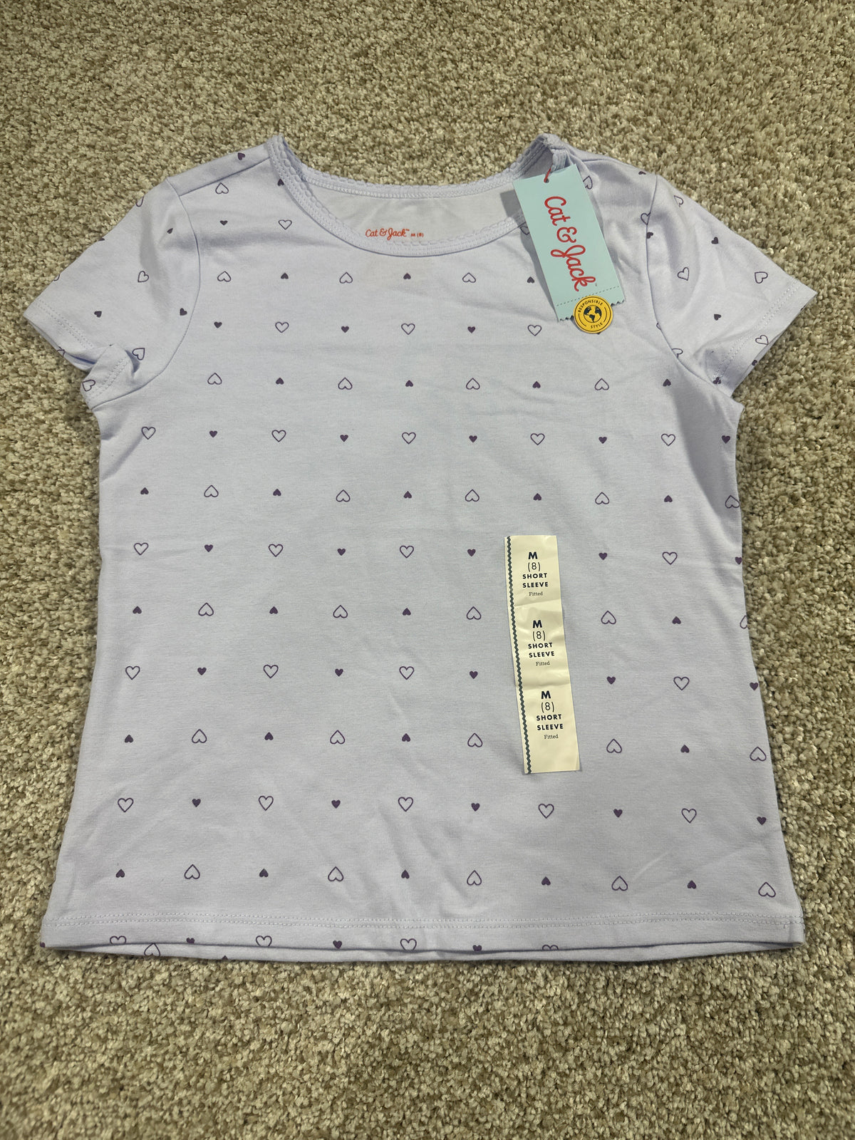 Cat & Jack girls lavender heart fitted short sleeve T-shirt, size M 8