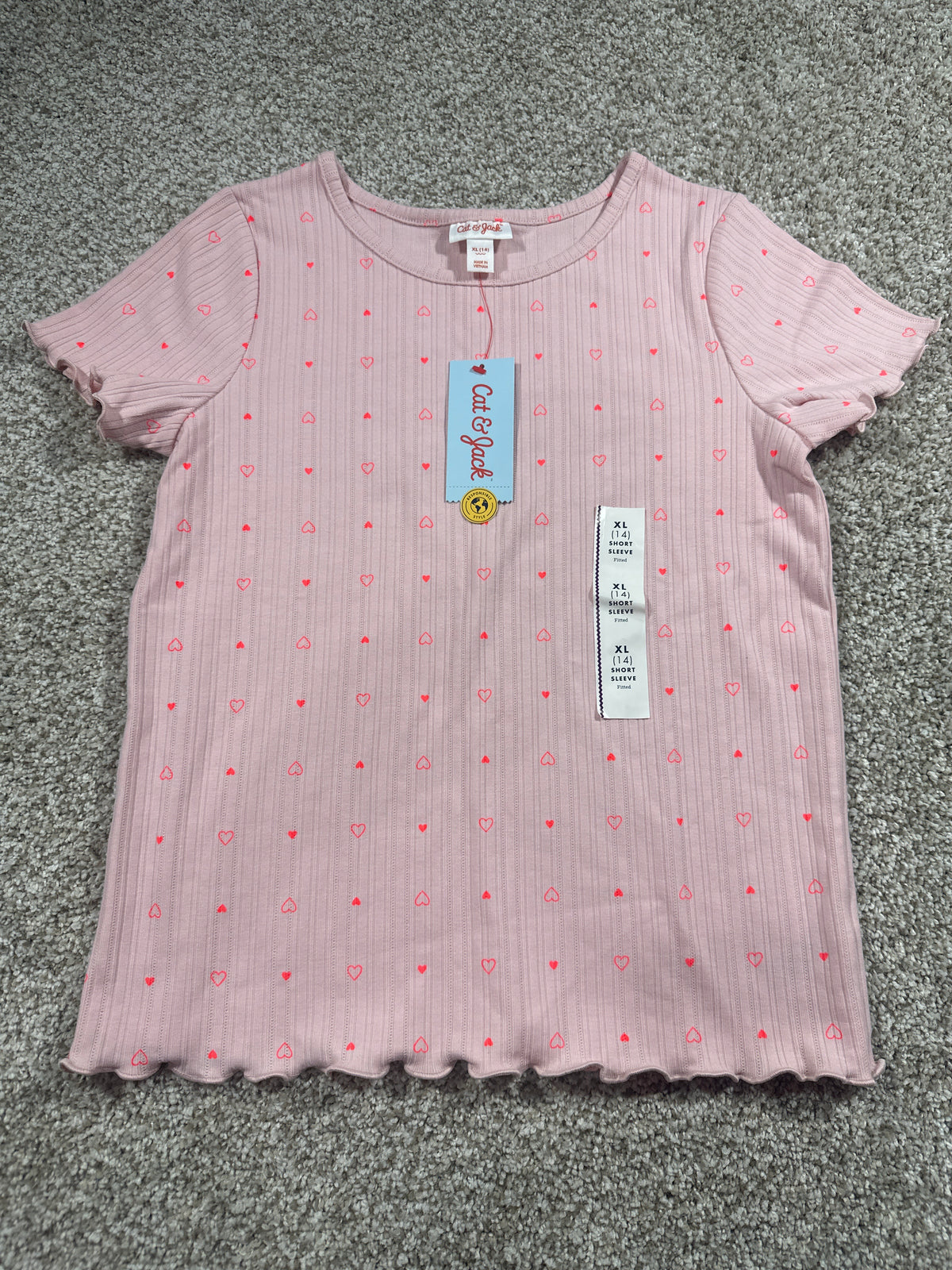 Cat & Jack Girls Pink Ribbed Heart Print Fitted Short Sleeve T-Shirt XL 14