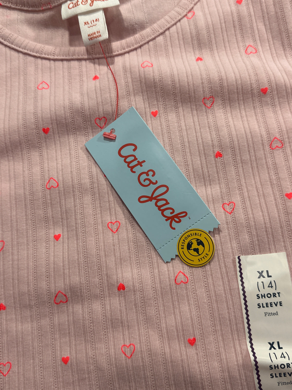 Cat & Jack Girls Pink Ribbed Heart Print Fitted Short Sleeve T-Shirt XL 14