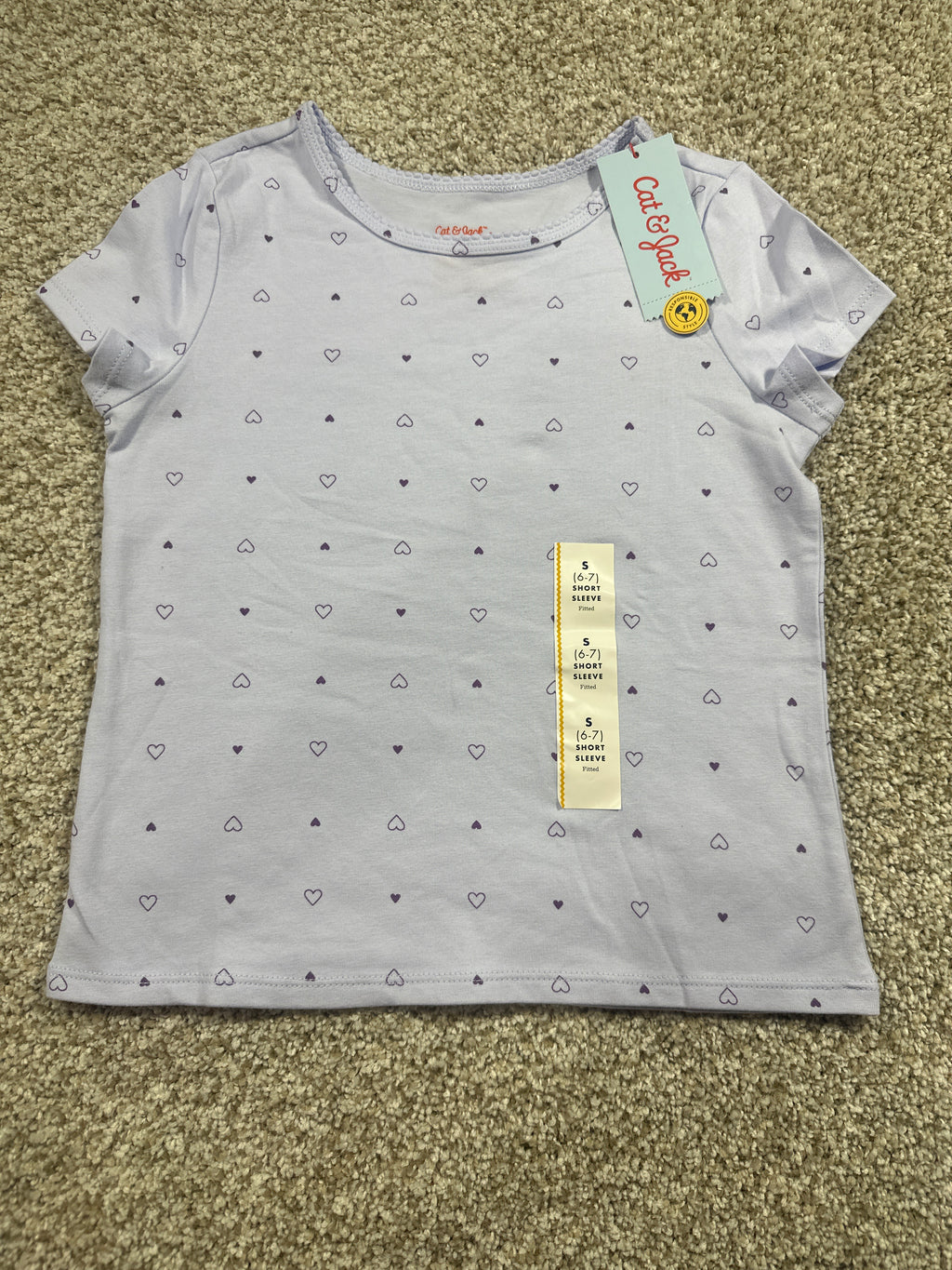 Cat & Jack Girls Lavender Heart Print Fitted Short Sleeve T-Shirt S 6/7