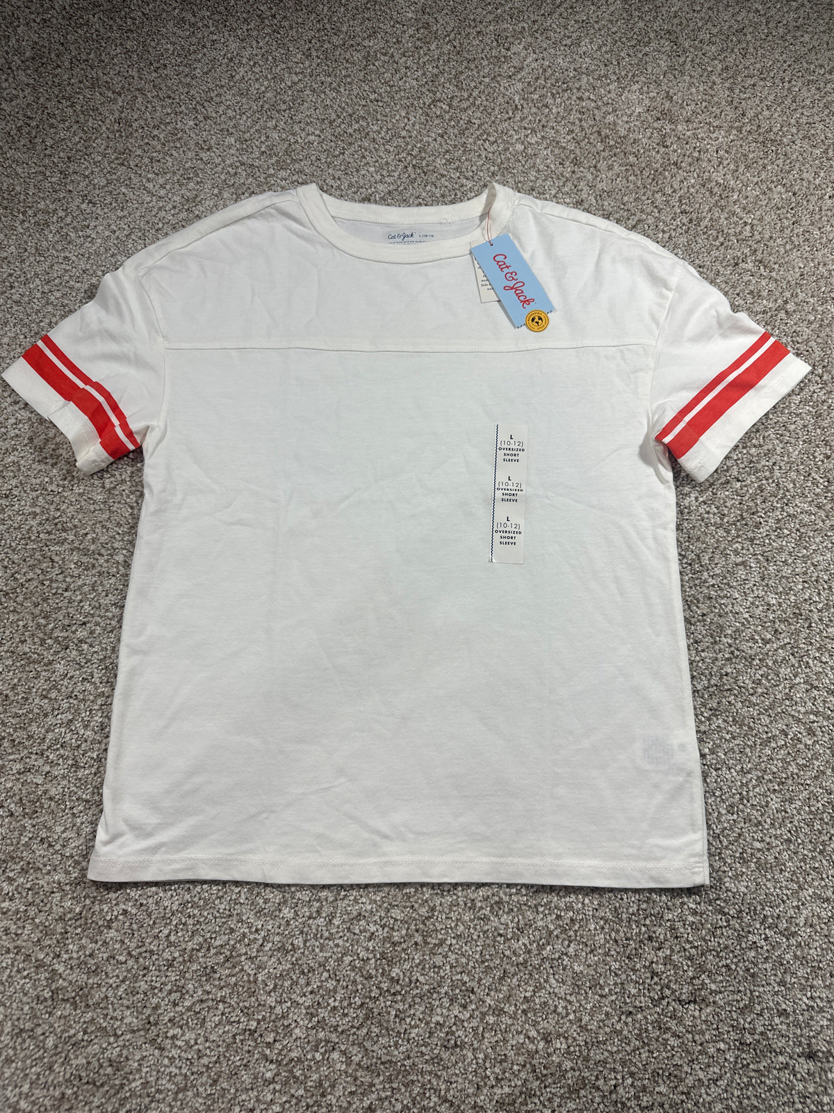 Cat & Jack Boys White Oversized Varsity Stripe Short Sleeve T-Shirt L 10/12 NWT