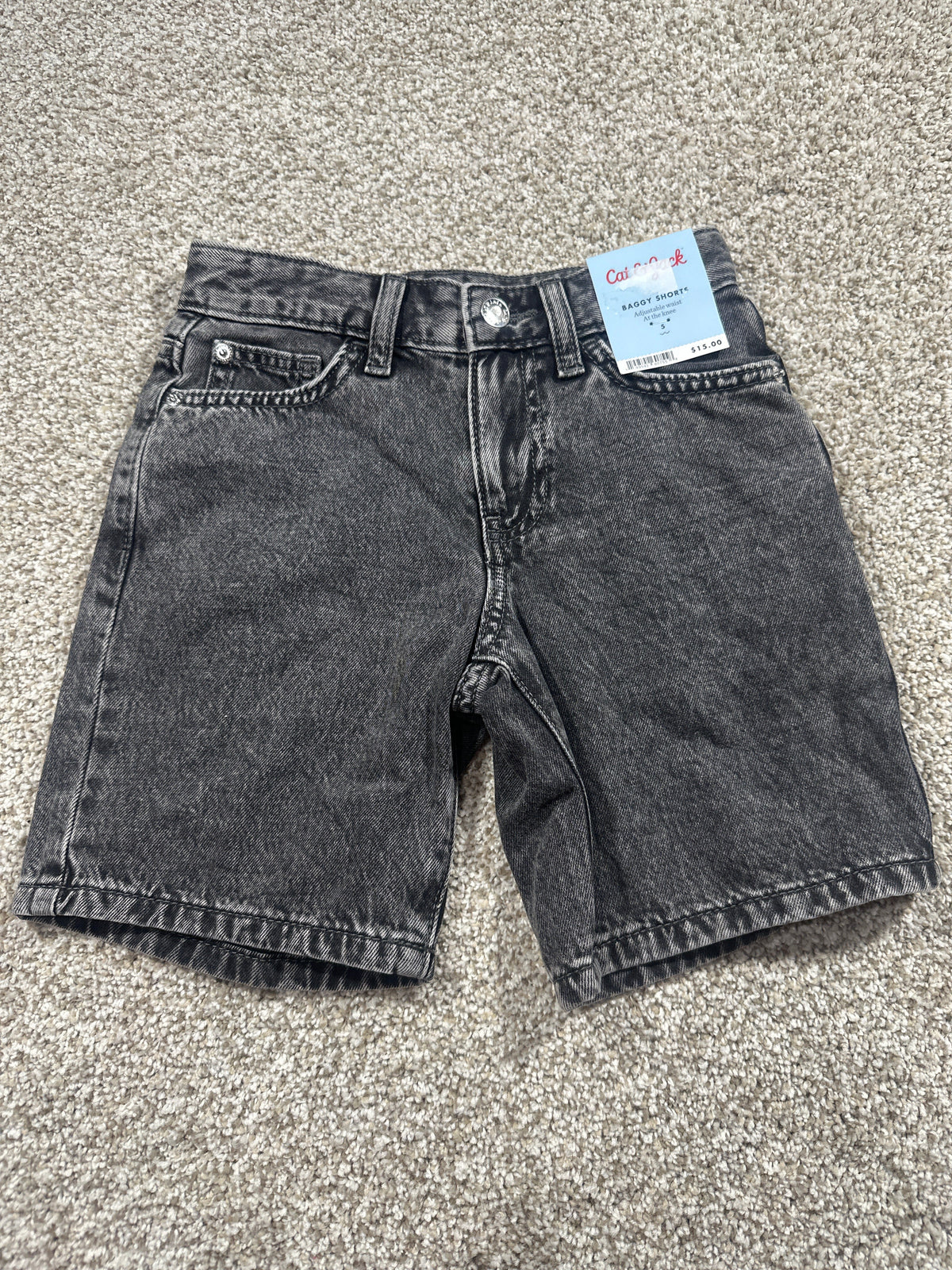 Cat & Jack kids black wash baggy denim shorts with adjustable waist, size 5