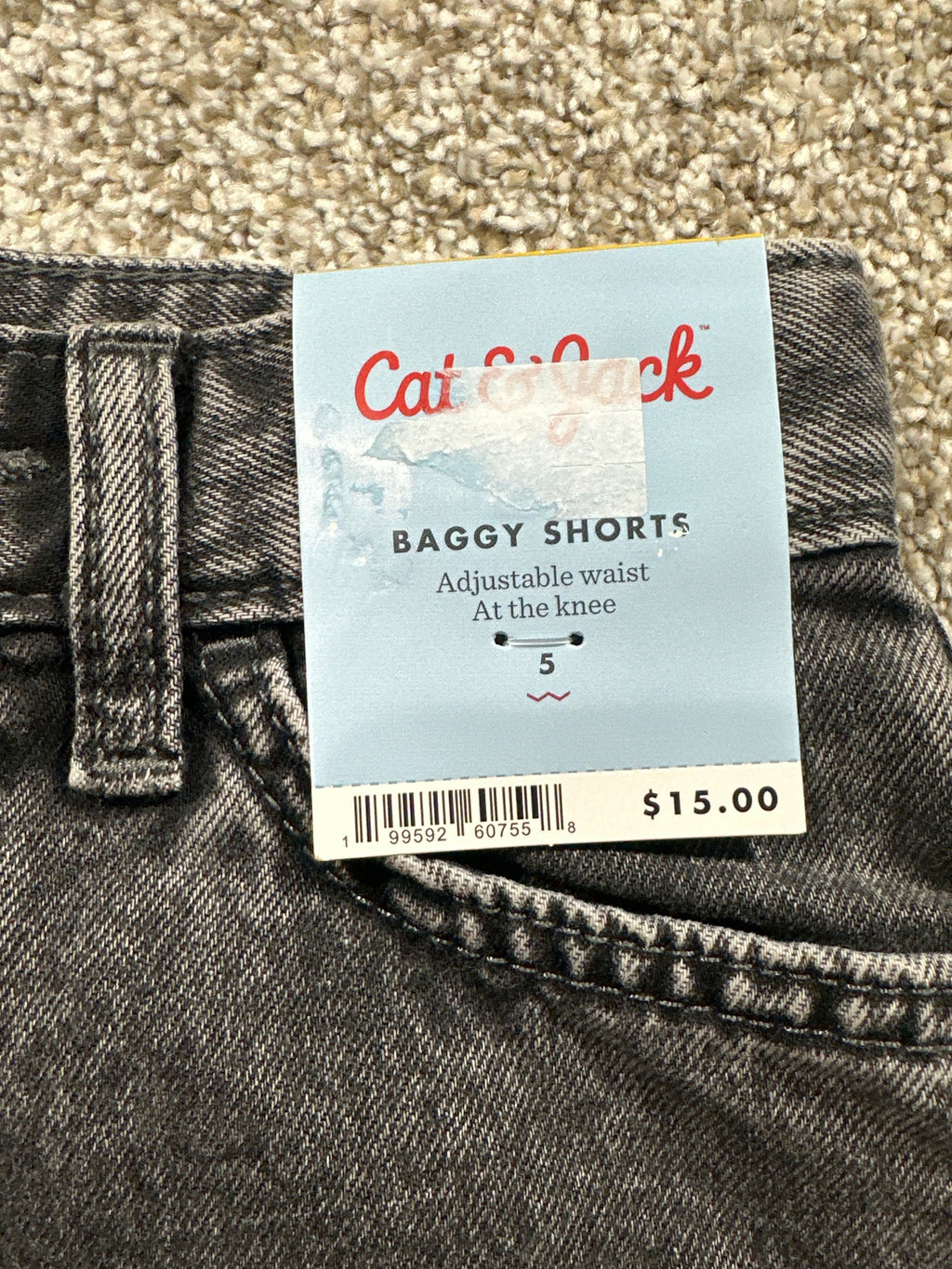 Cat & Jack kids black wash baggy denim shorts with adjustable waist, size 5