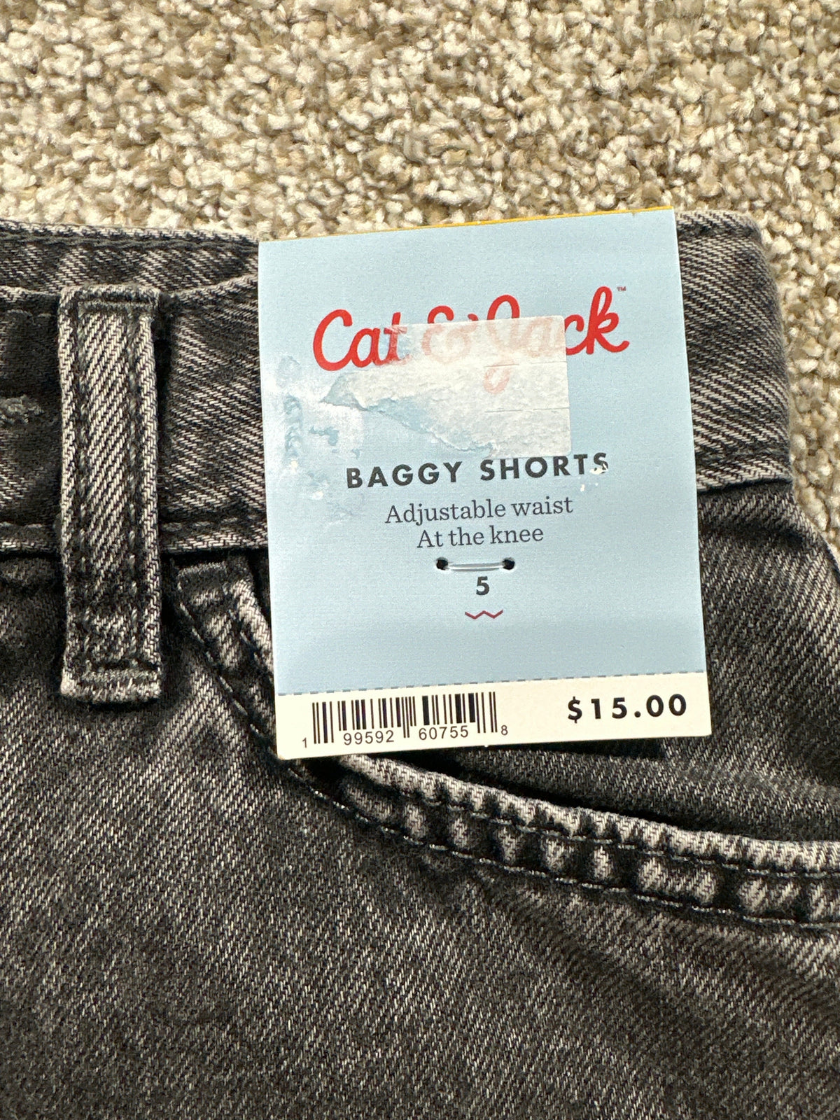 Cat & Jack kids black wash baggy denim shorts with adjustable waist, size 5