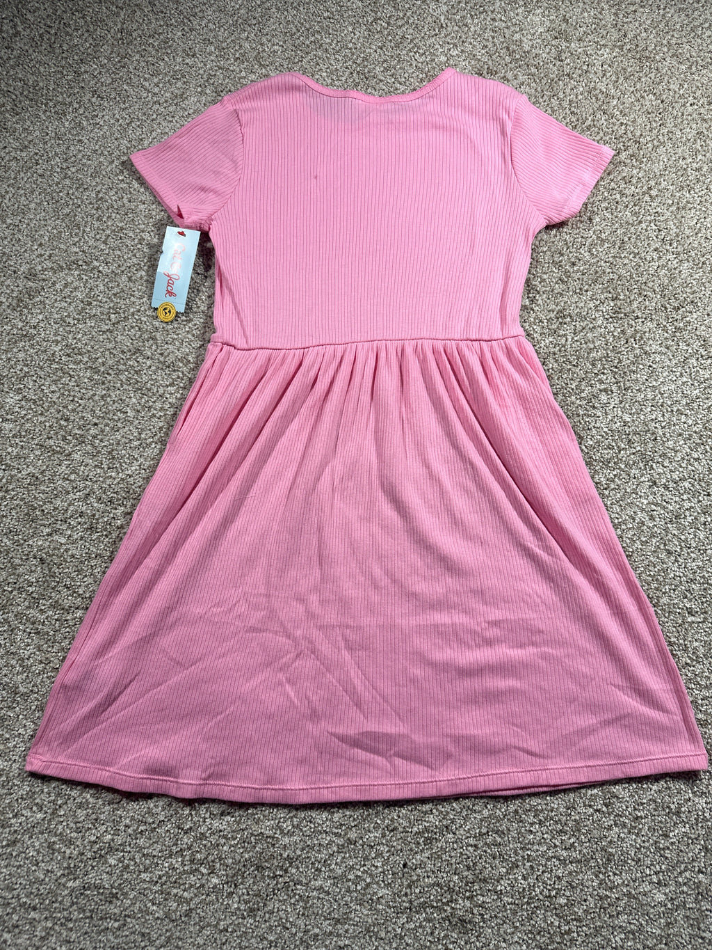 Cat & Jack girls vacation pink ribbed short sleeve dress, size XL 14