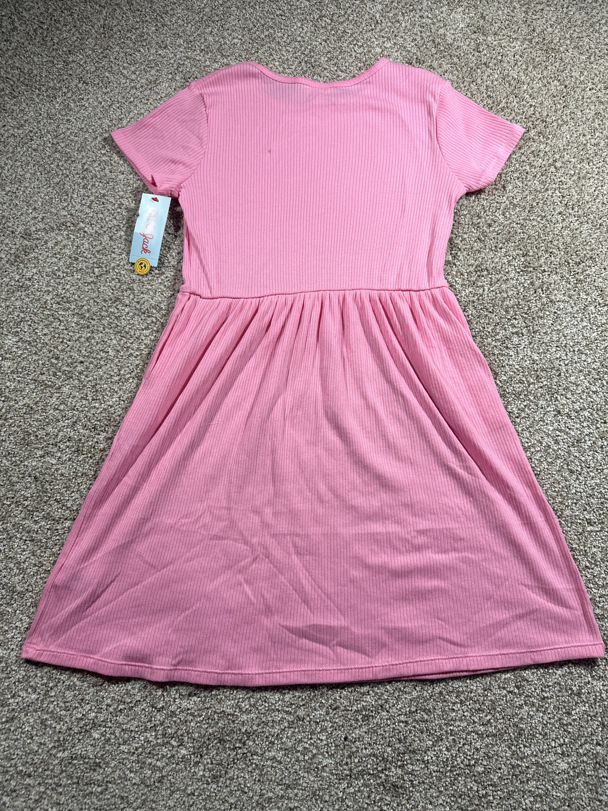 Cat & Jack girls vacation pink ribbed short sleeve dress, size XL 14