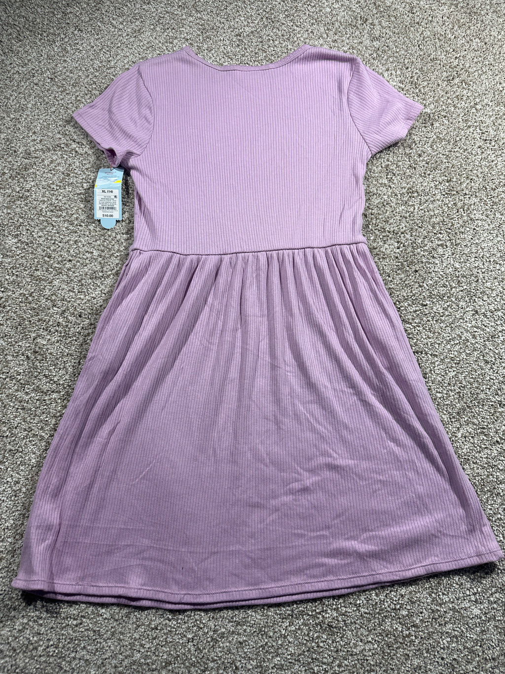 Cat & Jack girls mauve ribbed short sleeve dress, size XL 14