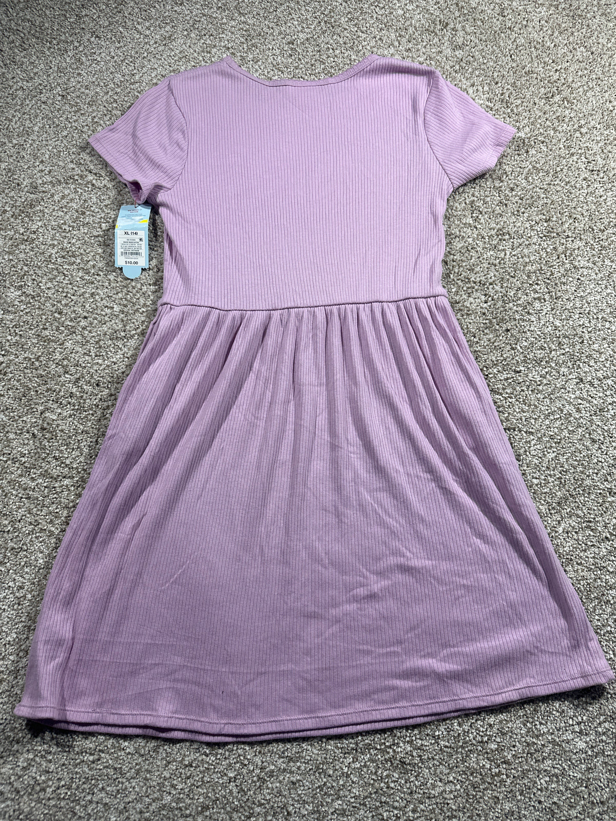 Cat & Jack girls mauve ribbed short sleeve dress, size XL 14