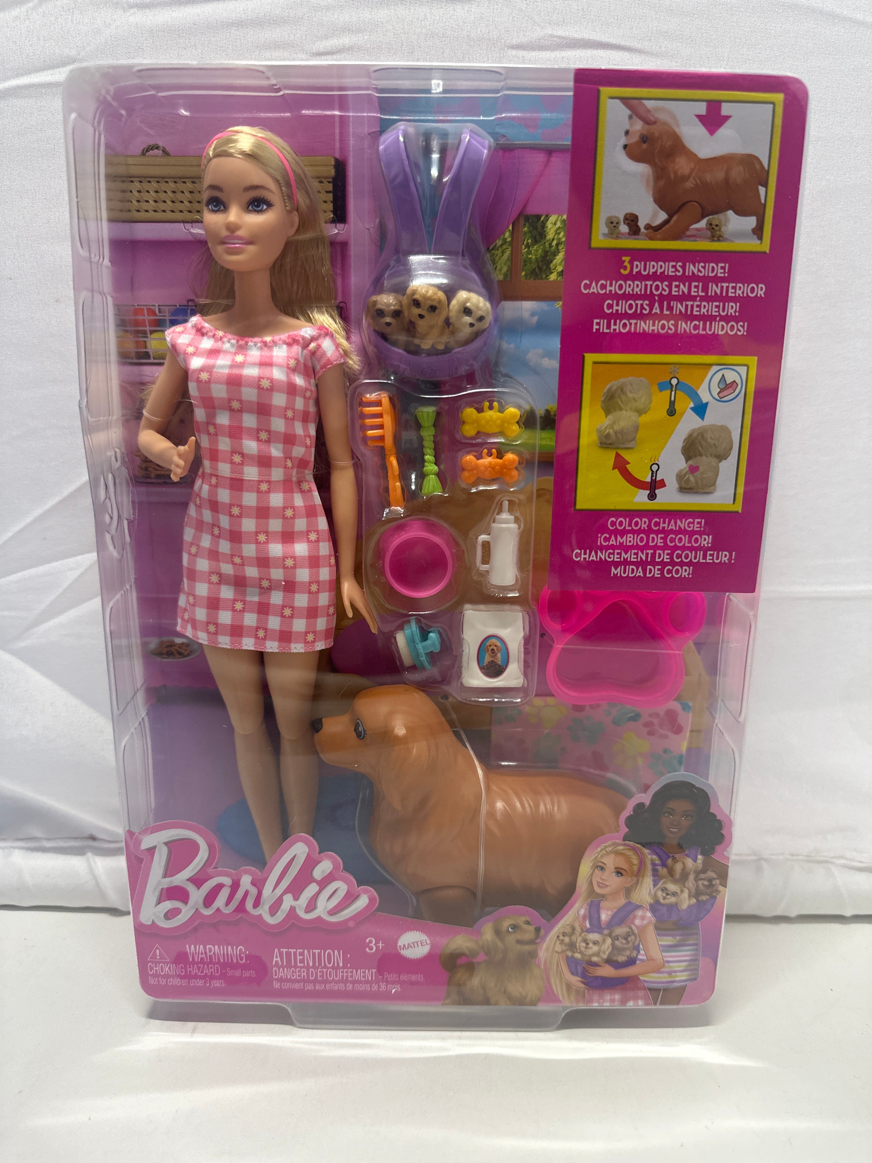 Barbie Doll Newborn Pups Playset – Doll with Dog and Puppy Care Accessories
