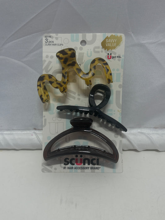Scunci 3 Pc Claw Hair Clips Set Black Tortoise Hair Accessories