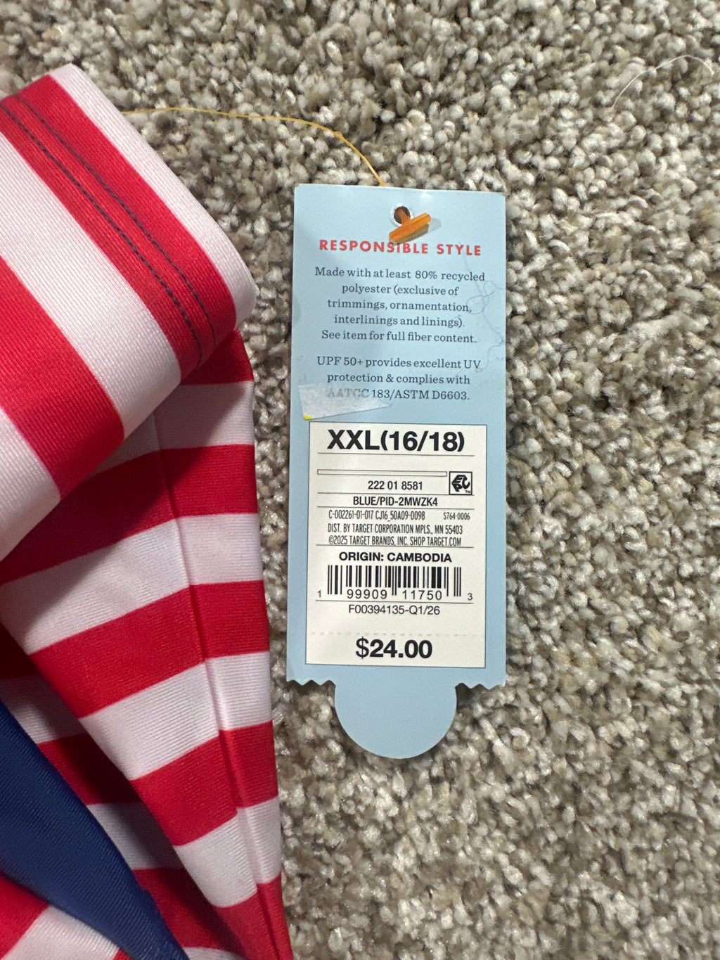Cat & Jack stars and stripes long sleeve rash guard size XXL (16/18)