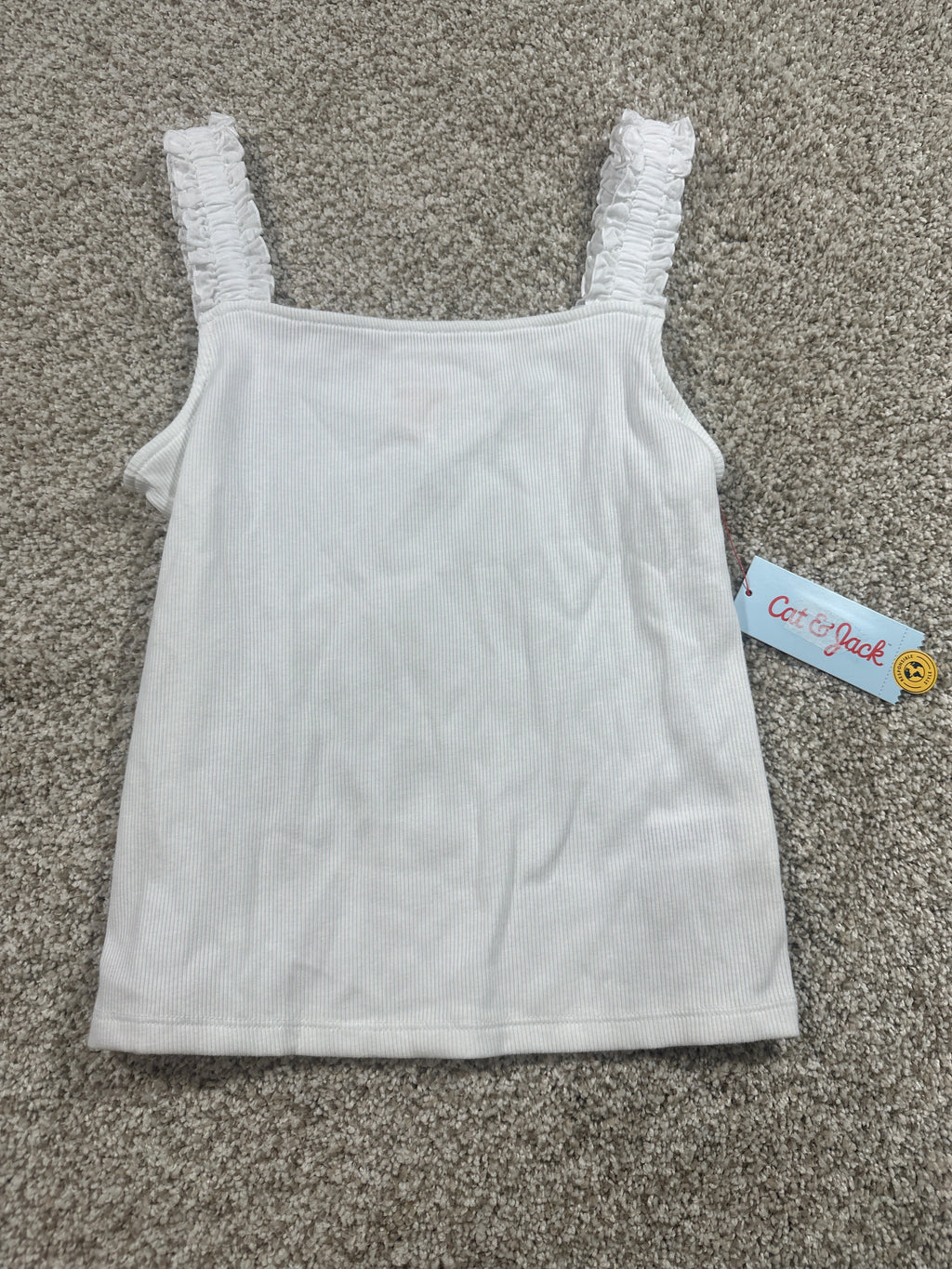Cat & Jack girls white ribbed ruffle strap tank top, L 10/12