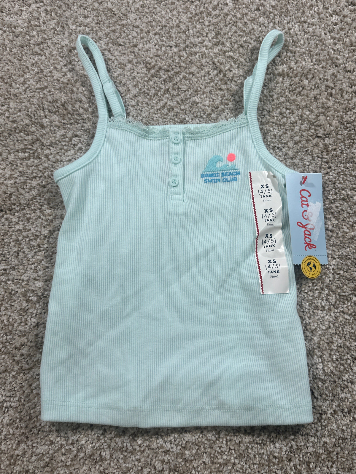 Cat & Jack girls pale mint beach club ribbed fitted tank top, XS 4/5