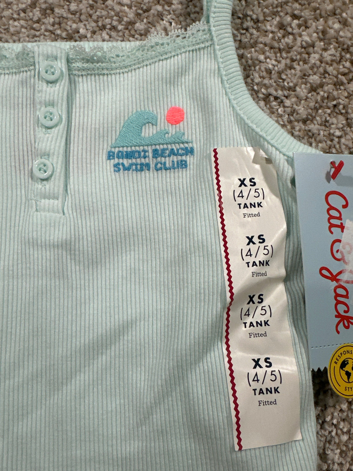 Cat & Jack girls pale mint beach club ribbed fitted tank top, XS 4/5