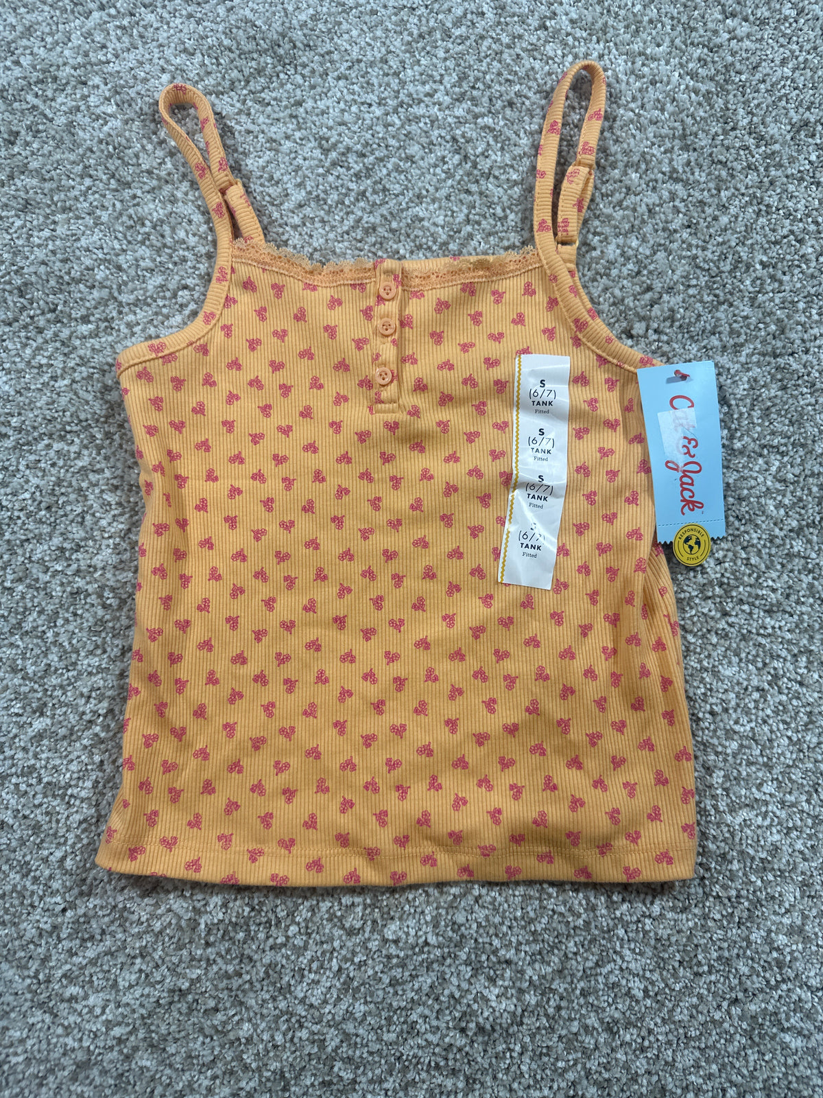 Cat & Jack girls yellow orange floral lace-trim henley tank top, size S 6 7