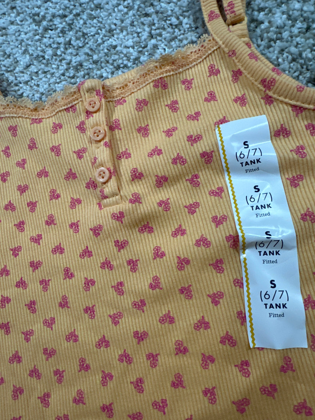 Cat & Jack girls yellow orange floral lace-trim henley tank top, size S 6 7