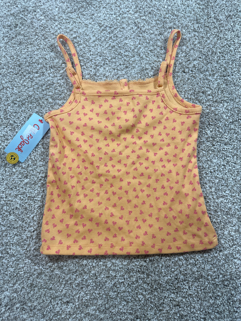 Cat & Jack girls yellow orange floral lace-trim henley tank top, size S 6 7
